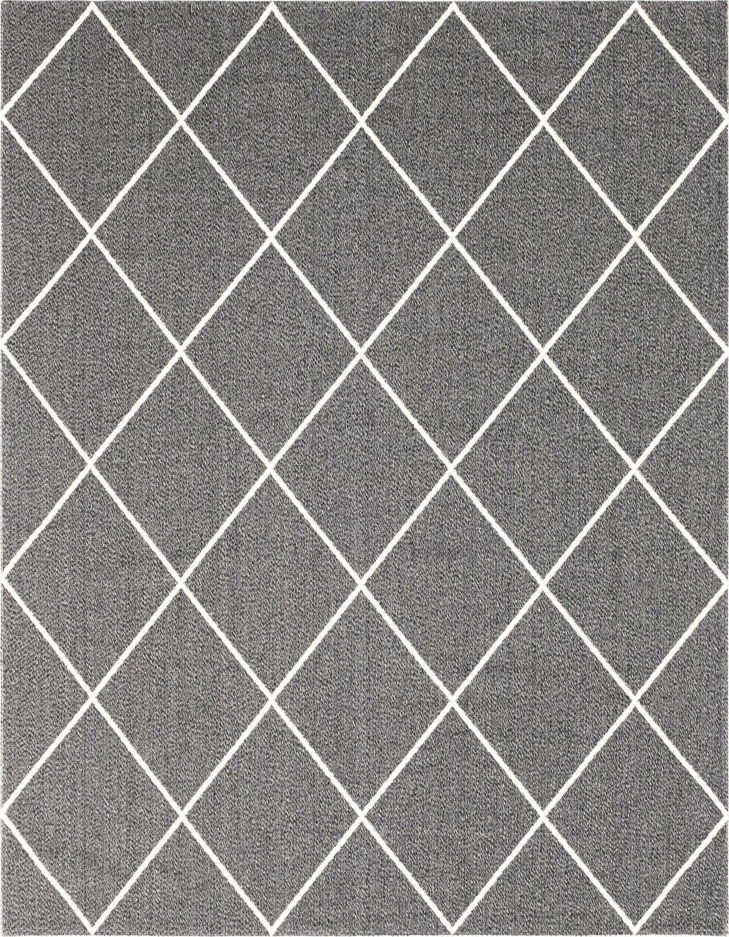 A 7x10 rectangular gray area rug with a white diamond trellis pattern, suitable for a modern living room.