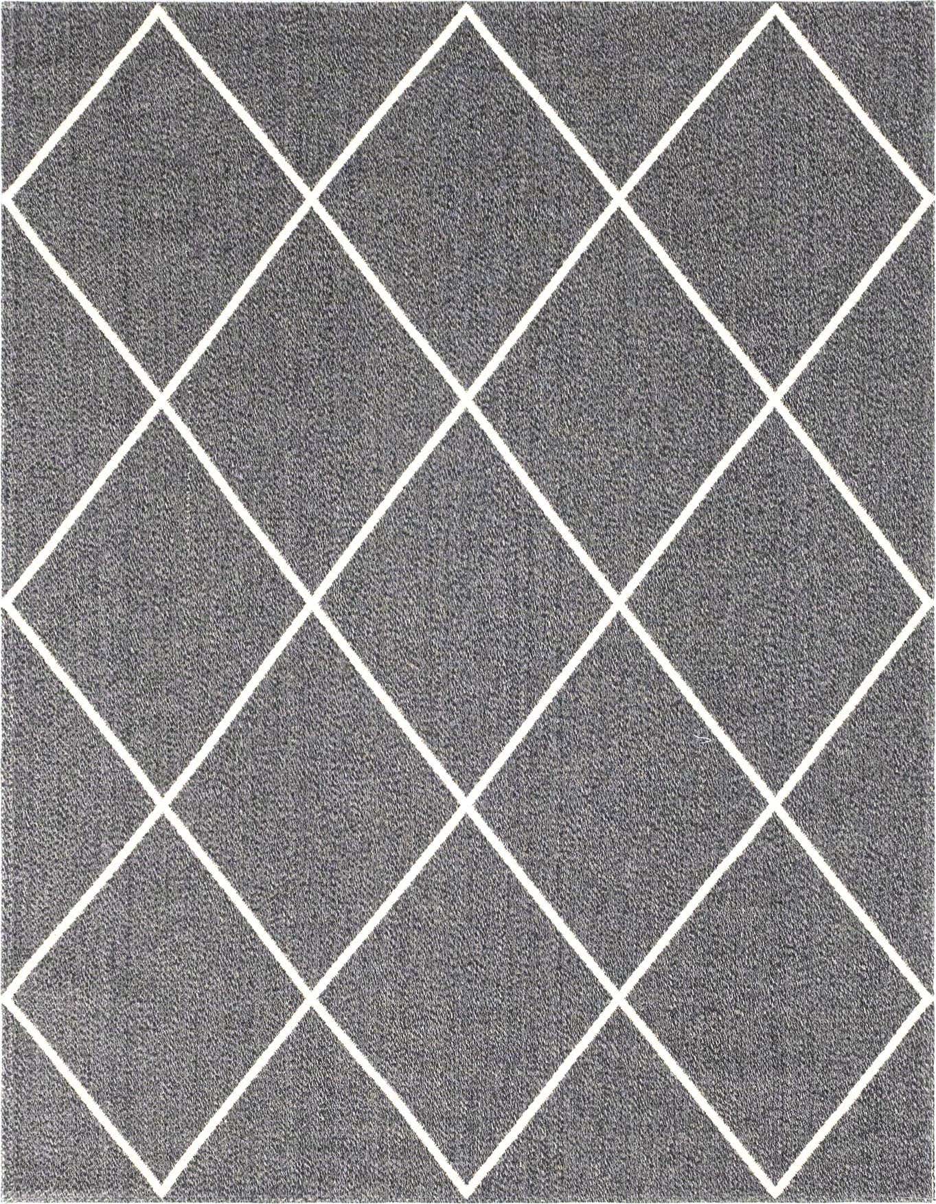 A 6x9 rectangular gray rug with a white diamond trellis pattern, ideal for a modern living room.