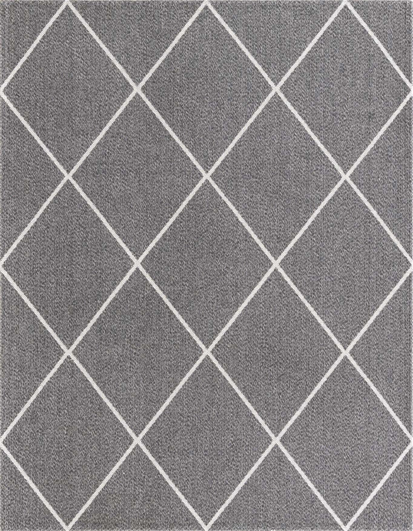 A 5x8 rectangular gray rug with a white trellis pattern, suitable for a modern living room or entryway.
