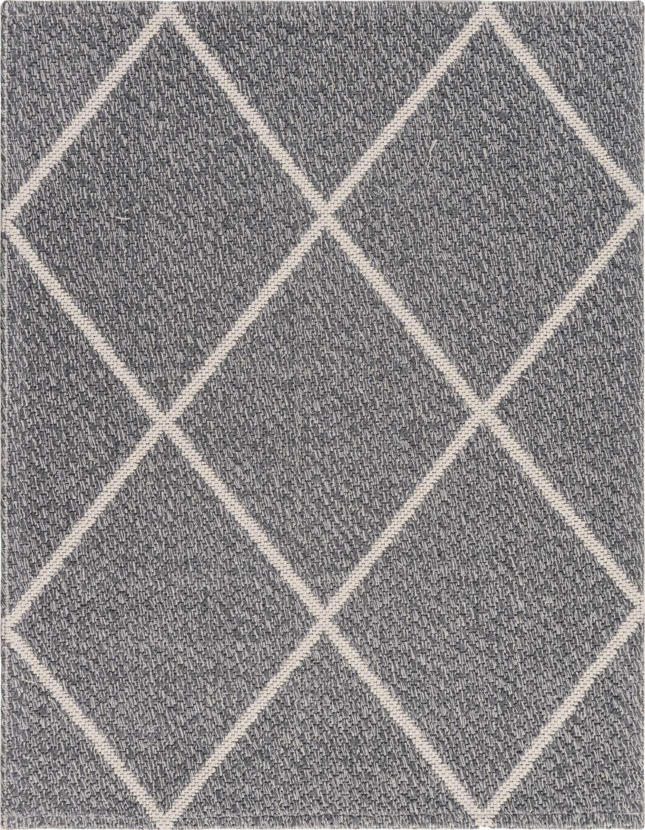 A 2x3 rectangular gray flatweave rug with a white trellis pattern, suitable for a kitchen or entryway.