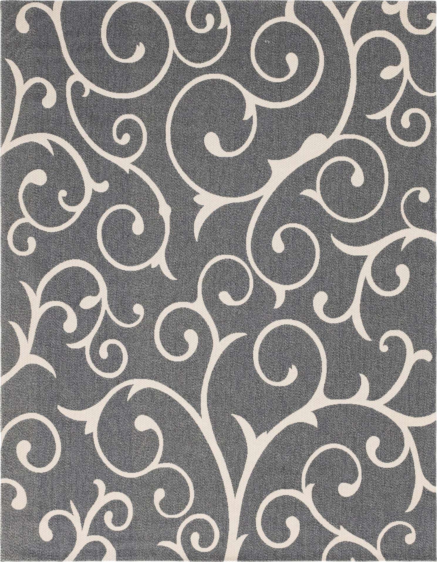 An 8x11 rectangular gray area rug with an intricate white floral and scroll pattern, suitable for a living room.