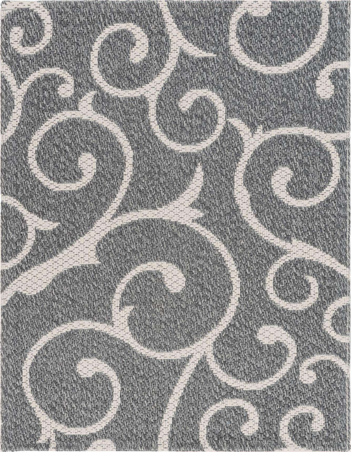 A 2x3 rectangular gray flatweave rug with a white traditional floral scroll pattern, suitable for an entryway or kitchen.