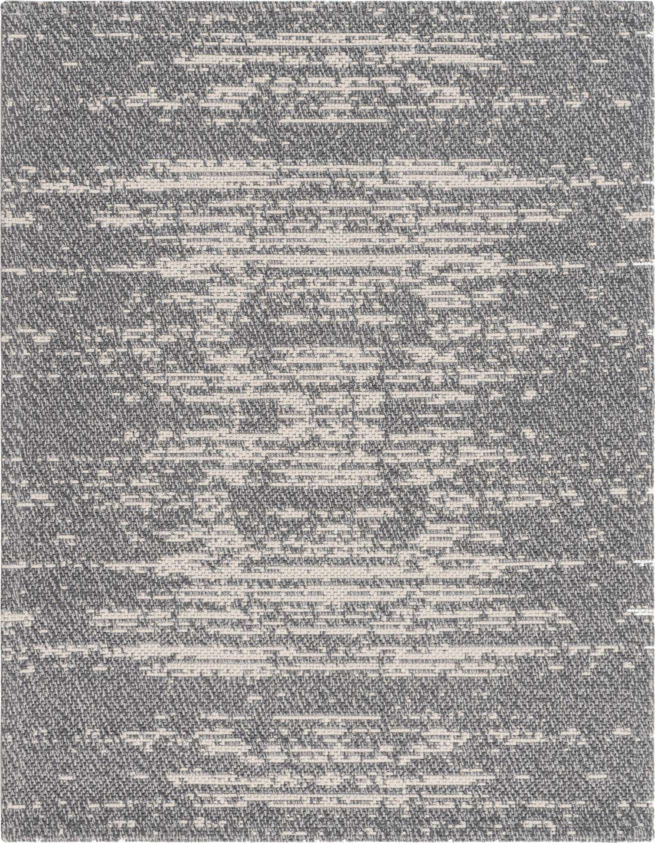 A 2x3 rectangular gray and silver flatweave rug with a subtle textured, abstract pattern, suitable for a kitchen or entryway.