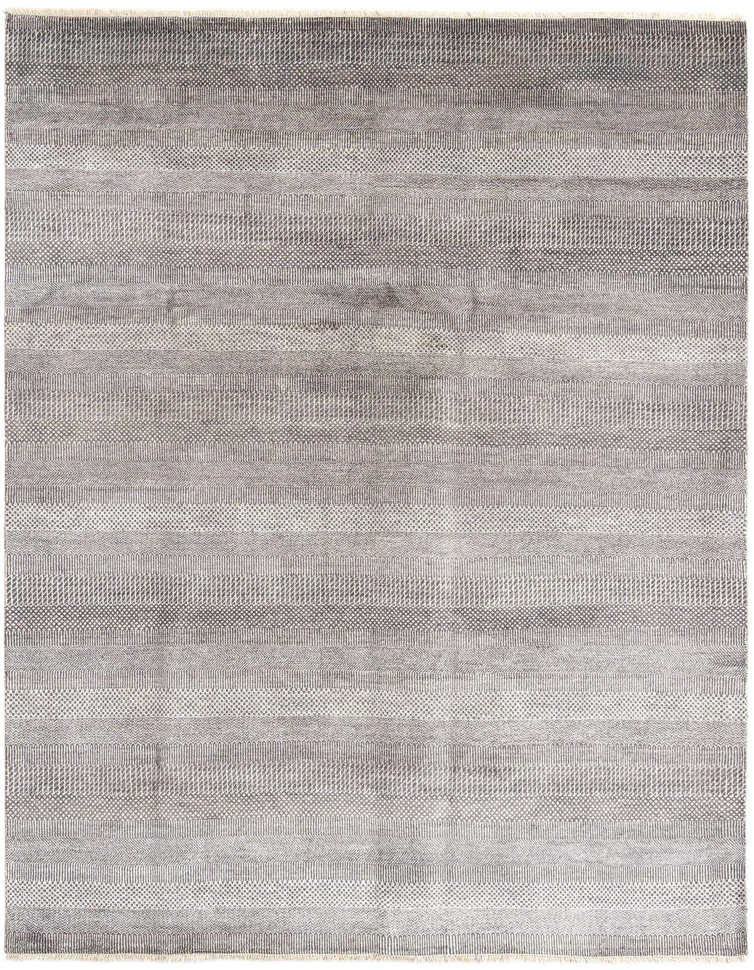 A rectangular 8x10 gray Persian wool rug with a subtle striped texture, suitable for a living room.