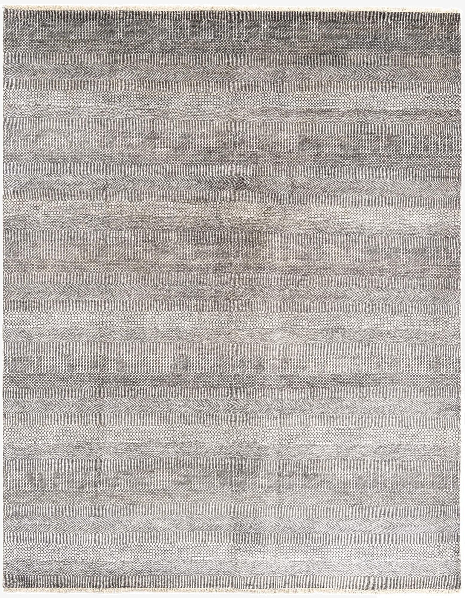 A rectangular 8x10 gray Persian wool rug with a subtle striped texture, suitable for a living room.