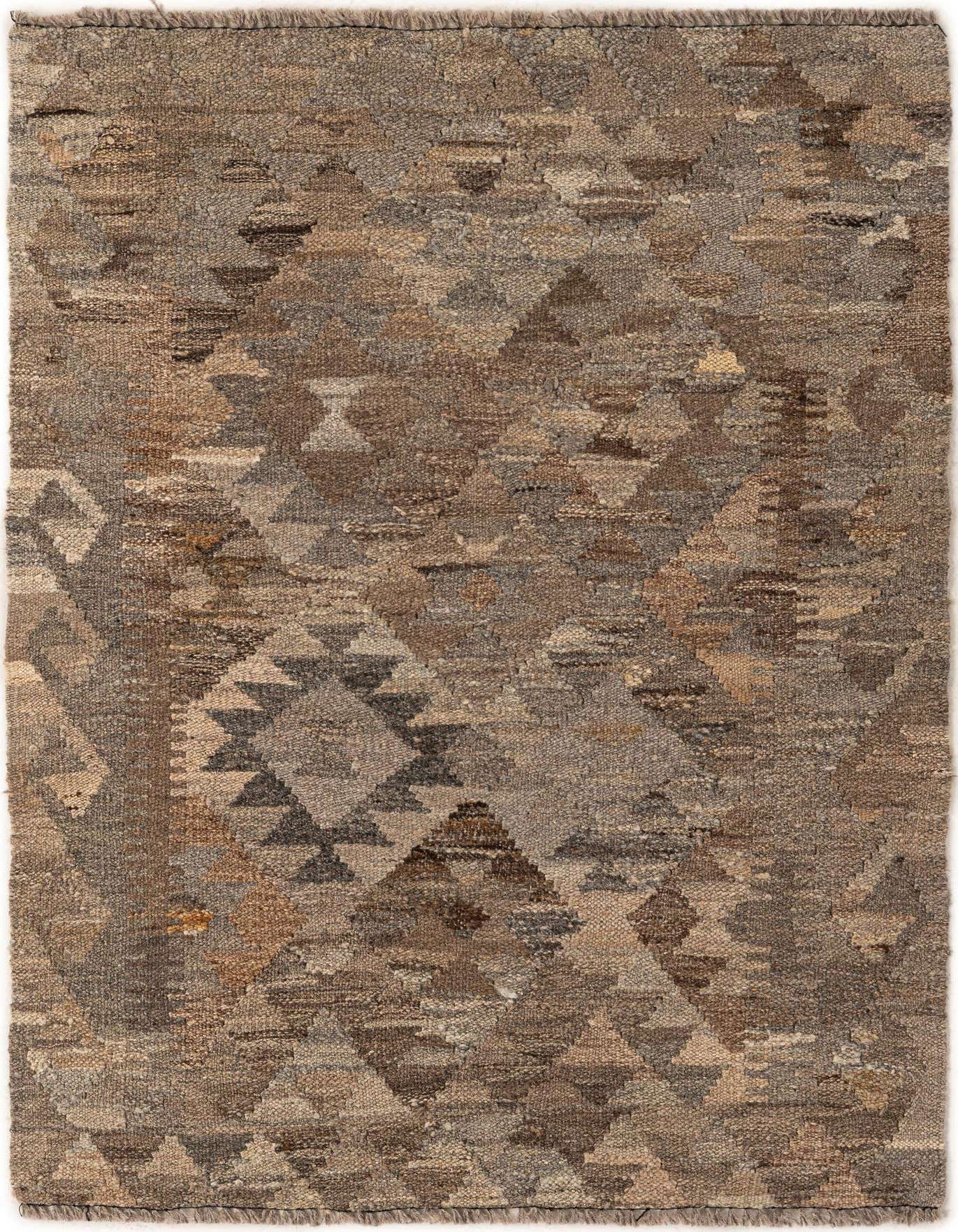 A 3x4 rectangular flatweave Kilim Maymana rug featuring a tribal geometric pattern in varying shades of gray, silver, and brown, suitable for indoor spaces.
