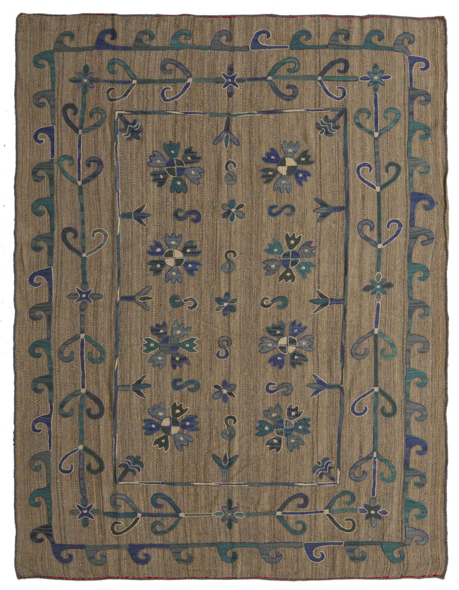 A 5x8 rectangular gray flatweave wool rug with a tribal Suzani pattern in shades of blue and teal.