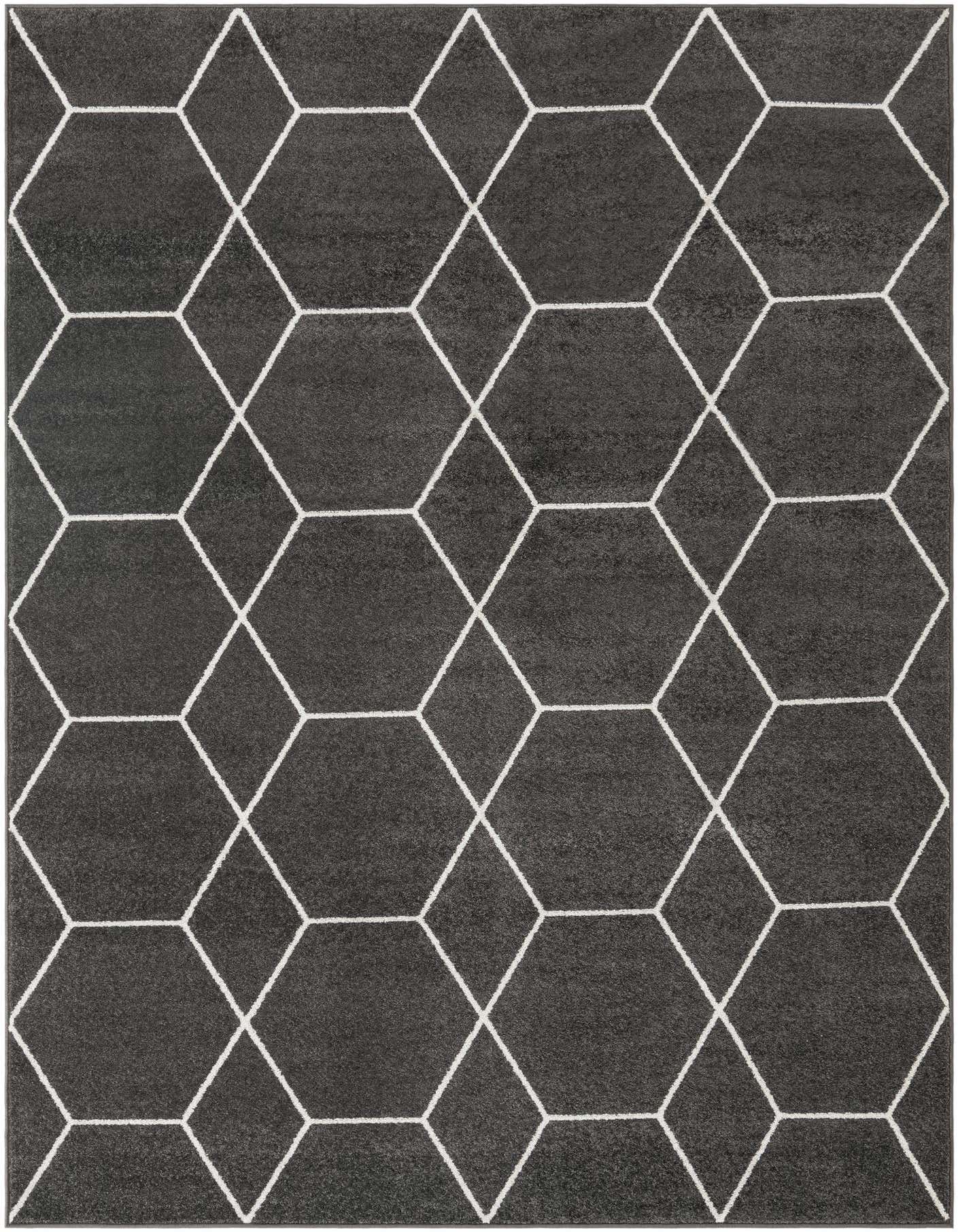 A 7x10 rectangular gray area rug with a modern white geometric trellis pattern, suitable for a living room.