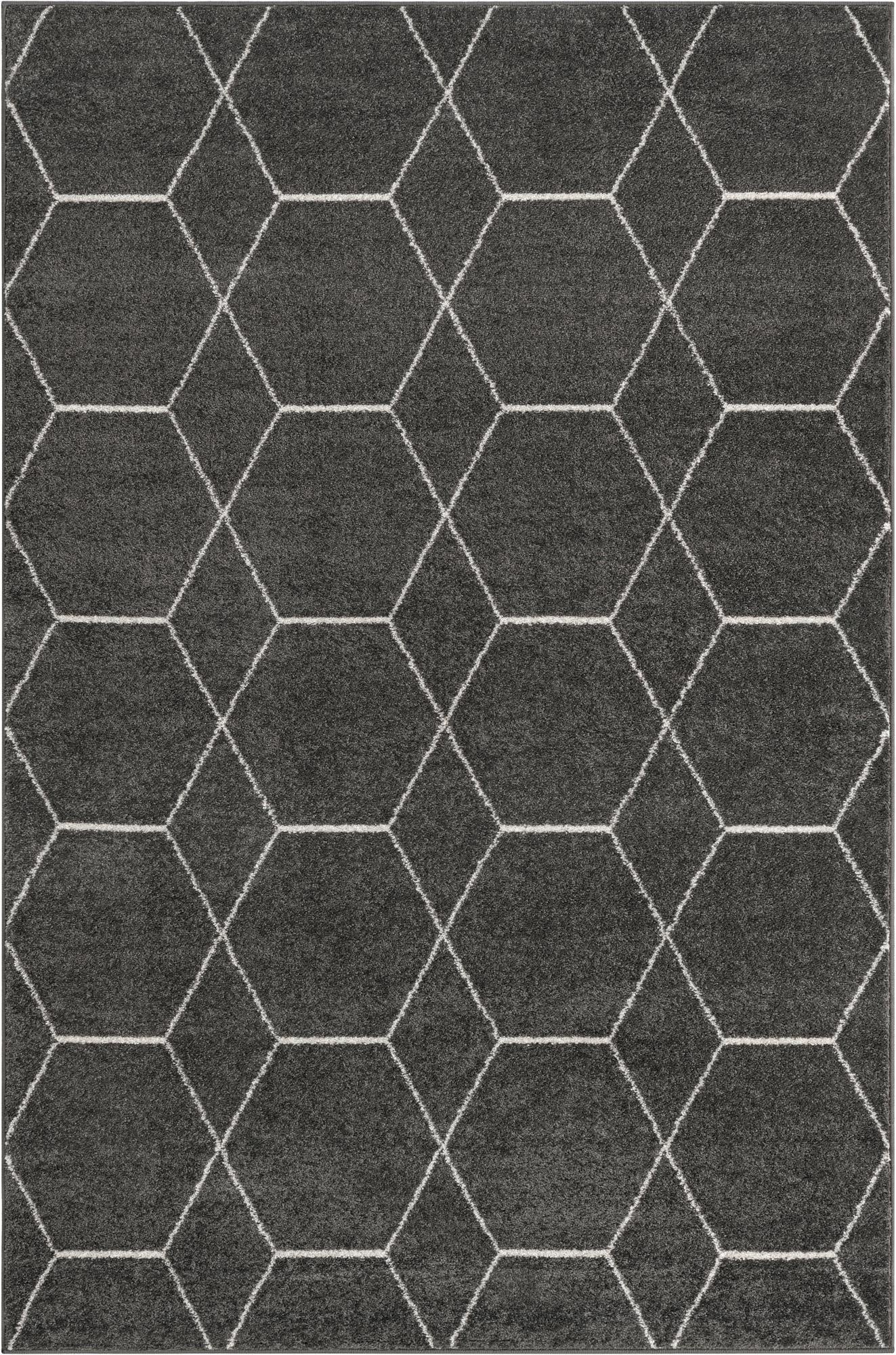 A 4x6 rectangular gray rug with a modern white trellis pattern, suitable for a living room or office.