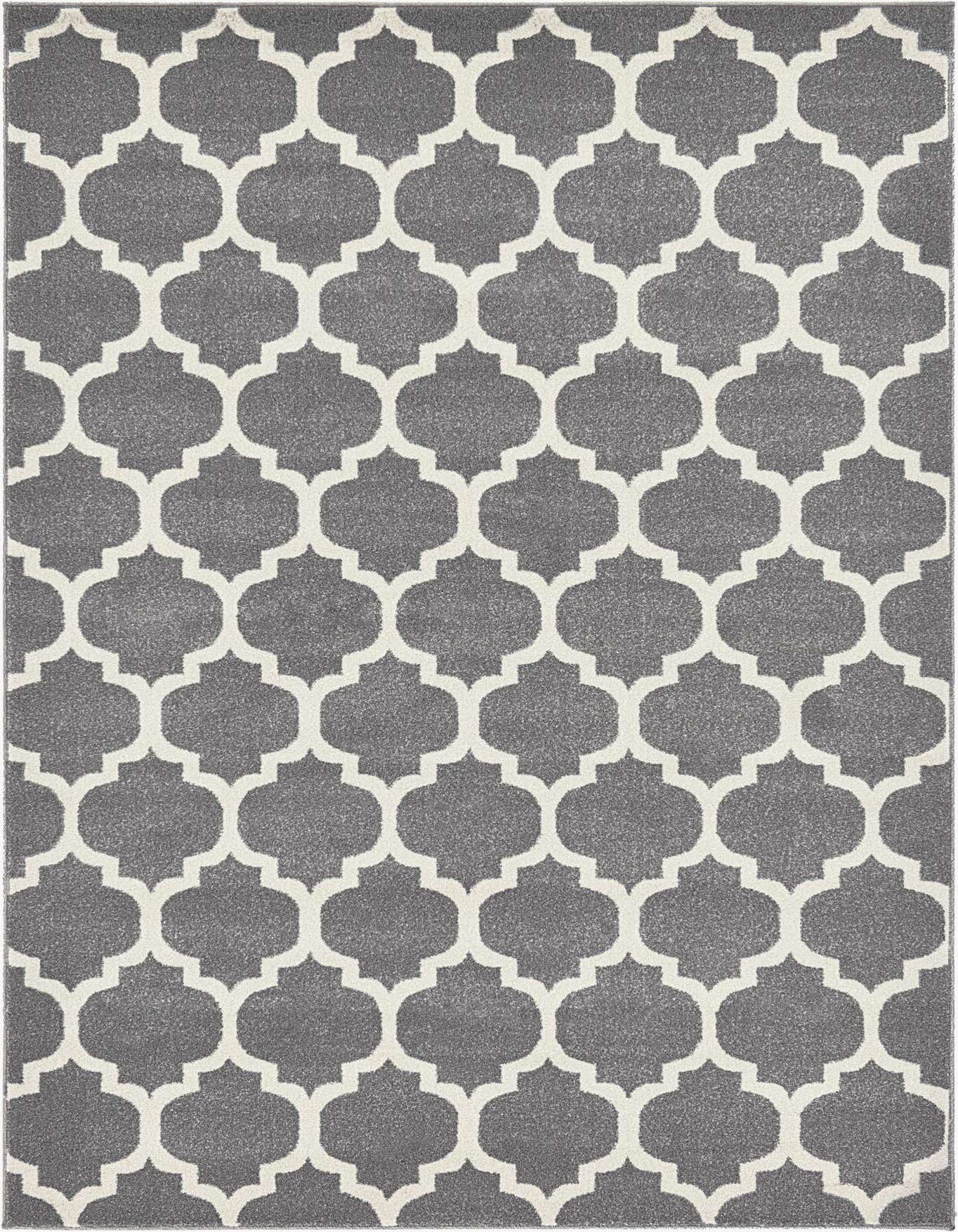 A 6x9 rectangular gray area rug with a repeating white modern trellis pattern, suitable for a living room or bedroom.