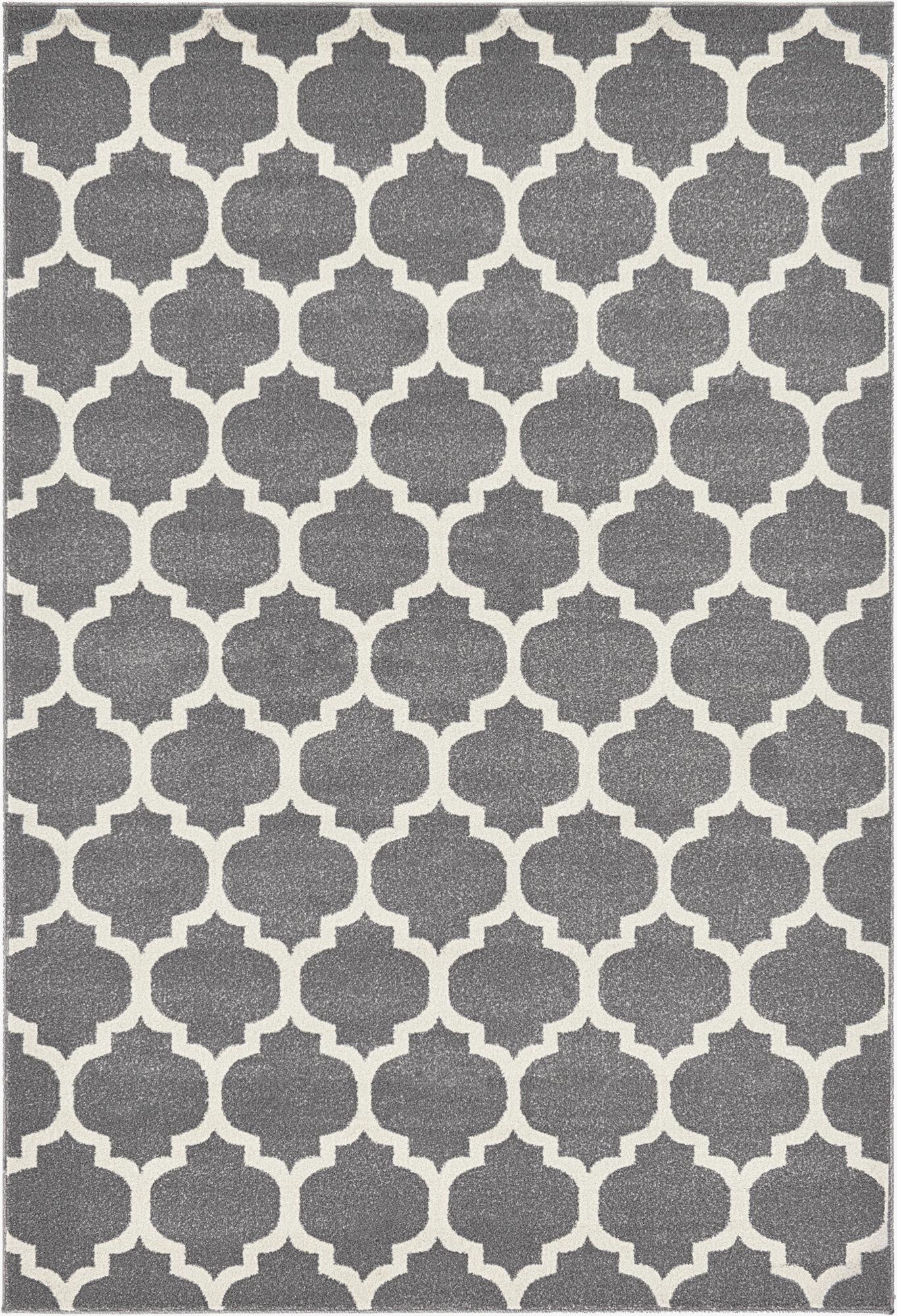 A 6x9 rectangular gray area rug with a repeating white modern trellis pattern, suitable for a living room or bedroom.