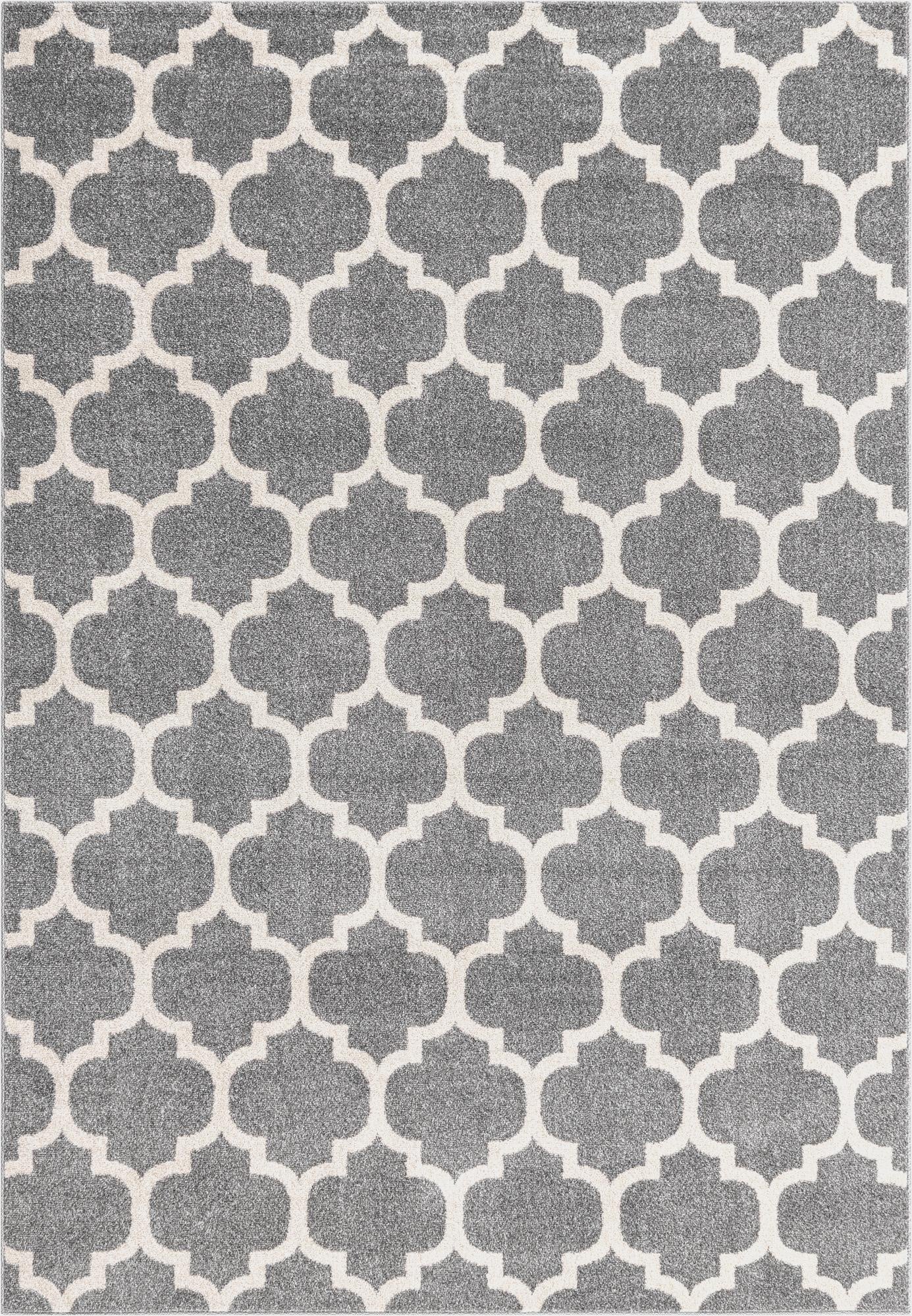 A 7x10 rectangular gray area rug with a repeating white modern trellis pattern, suitable for a living room.