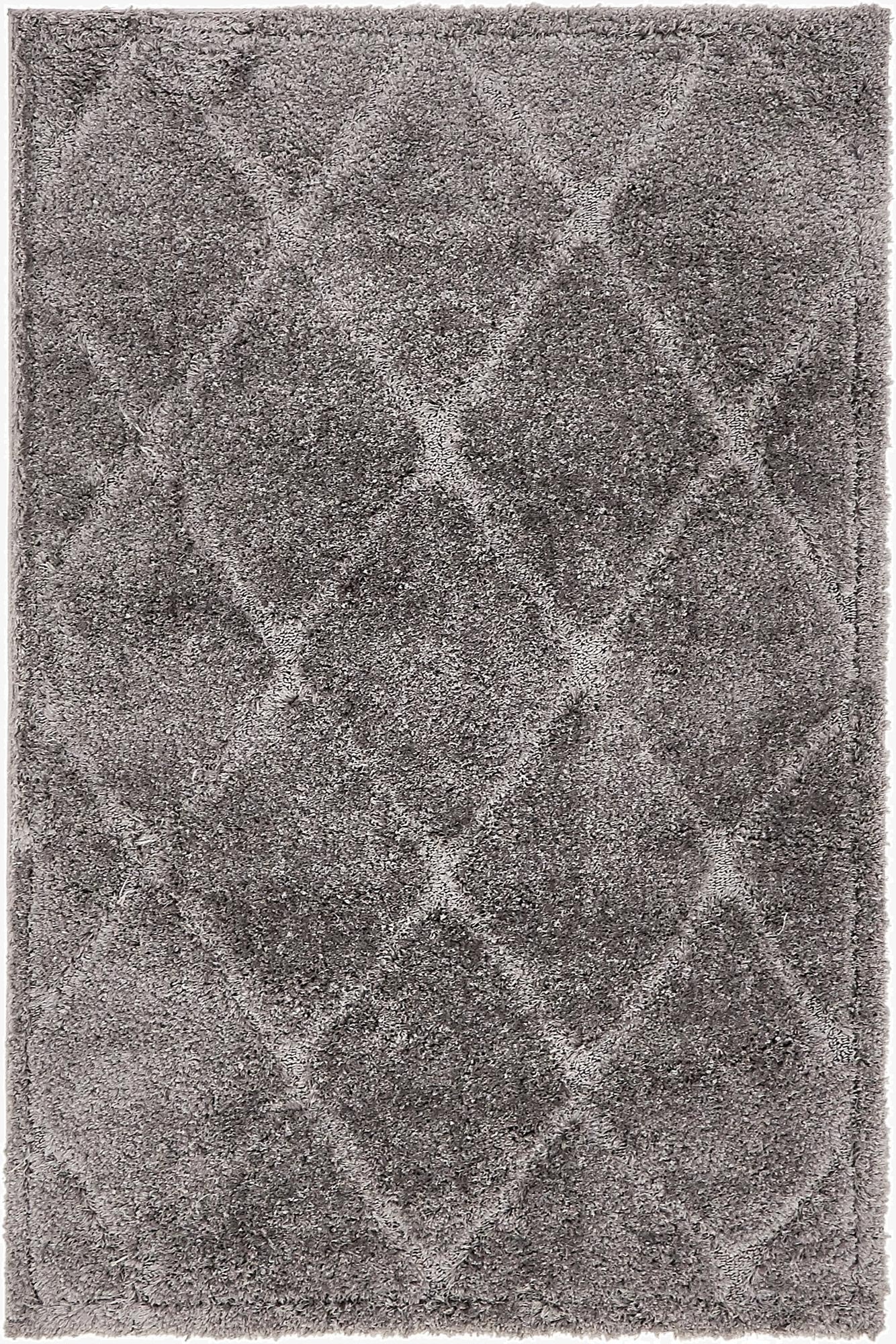 A 4x6 rectangular gray shag rug with a subtle lattice pattern, featuring a high-low textured pile.