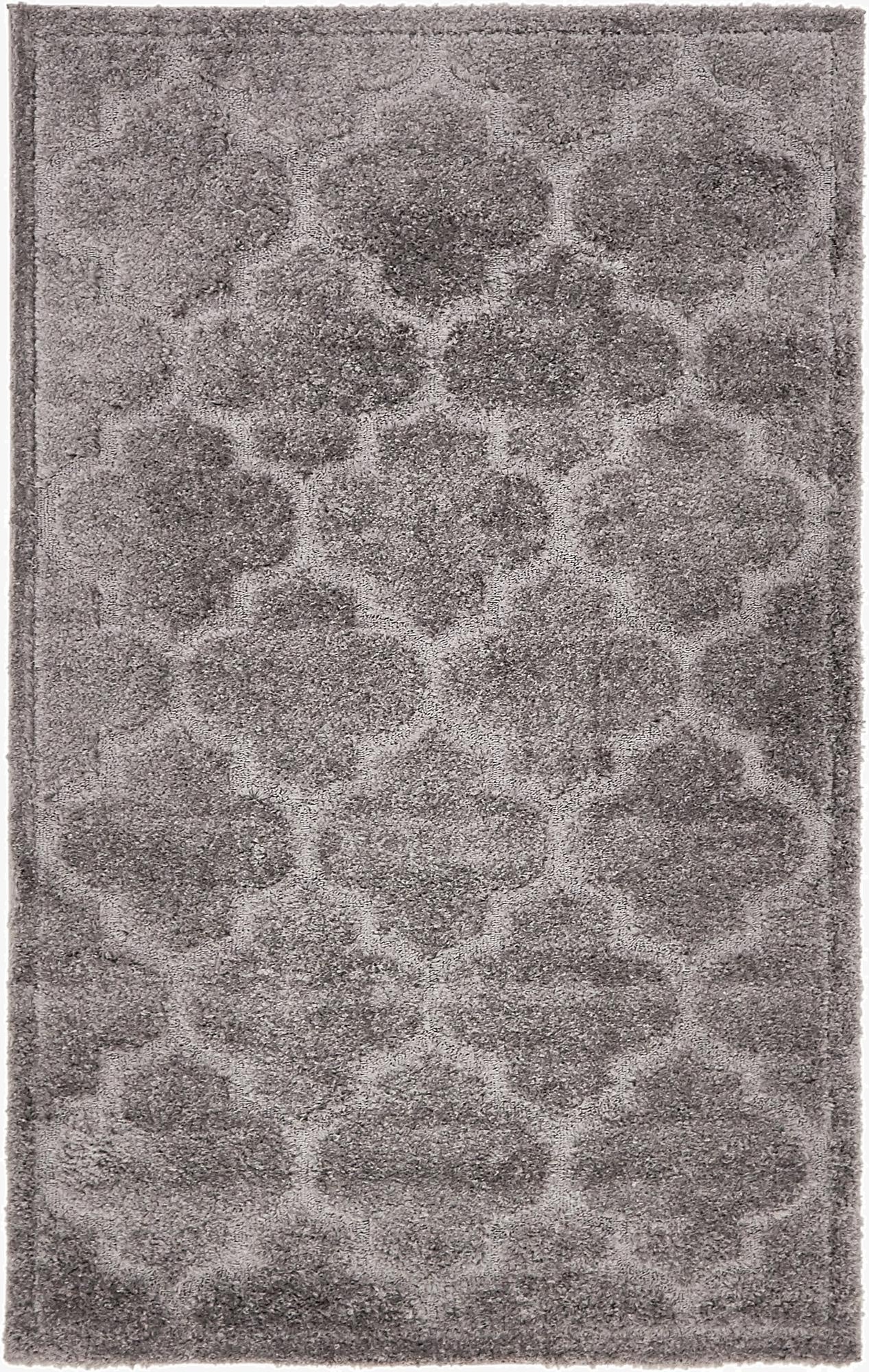 A 5x8 rectangular gray shag rug with a subtle high-low textured lattice pattern, perfect for a living room.