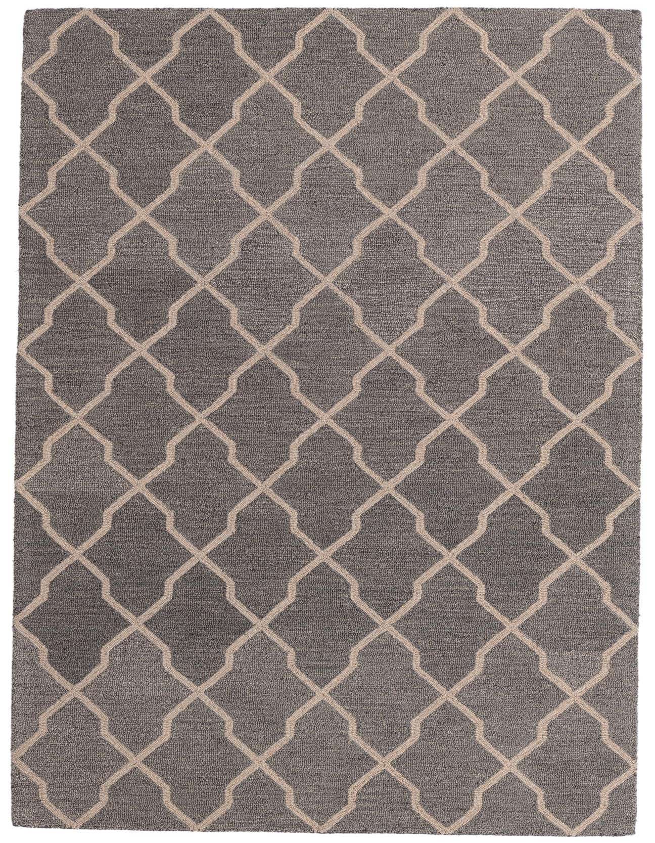 A 5x8 rectangular gray area rug with a repeating modern abstract trellis pattern in light beige, suitable for a living room.
