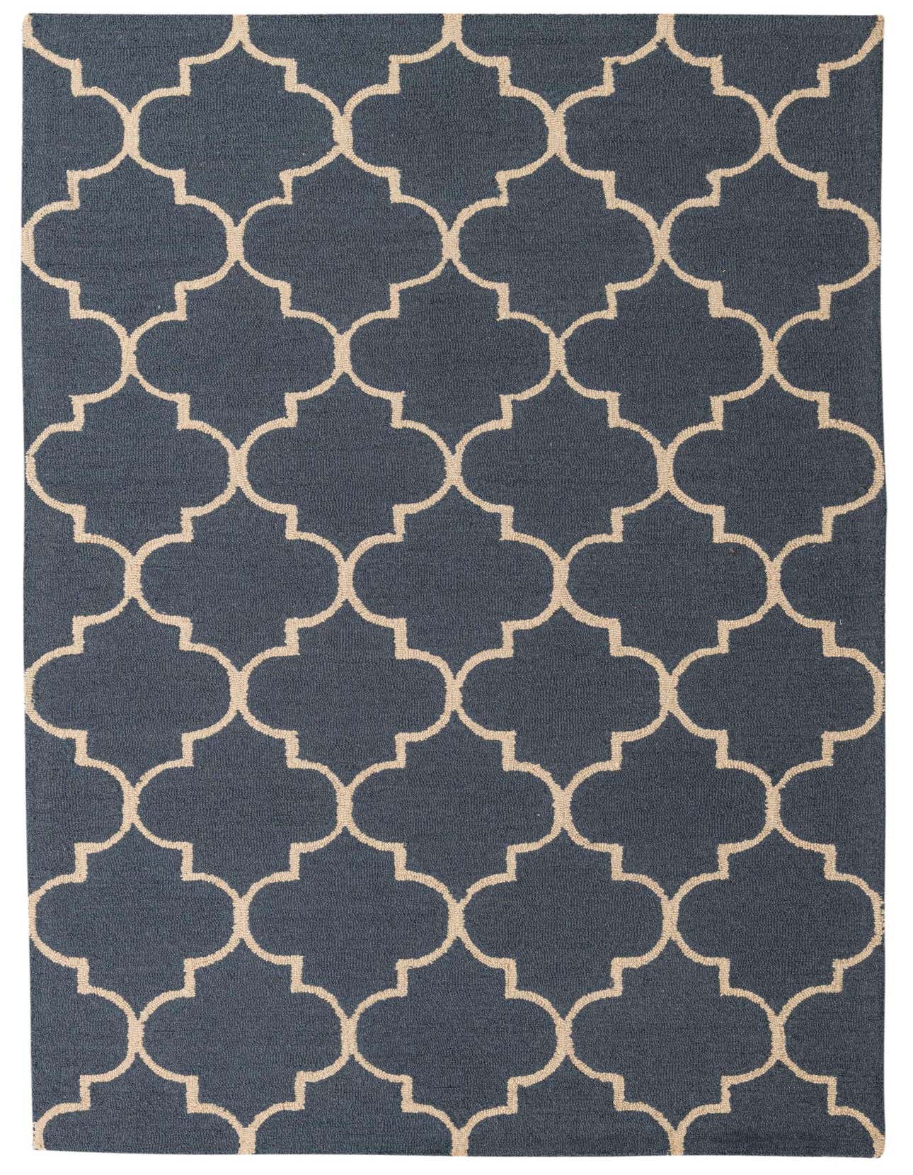 A 5x8 rectangular Luna Collection rug featuring a modern abstract trellis pattern in gray and beige, ideal for a living room.