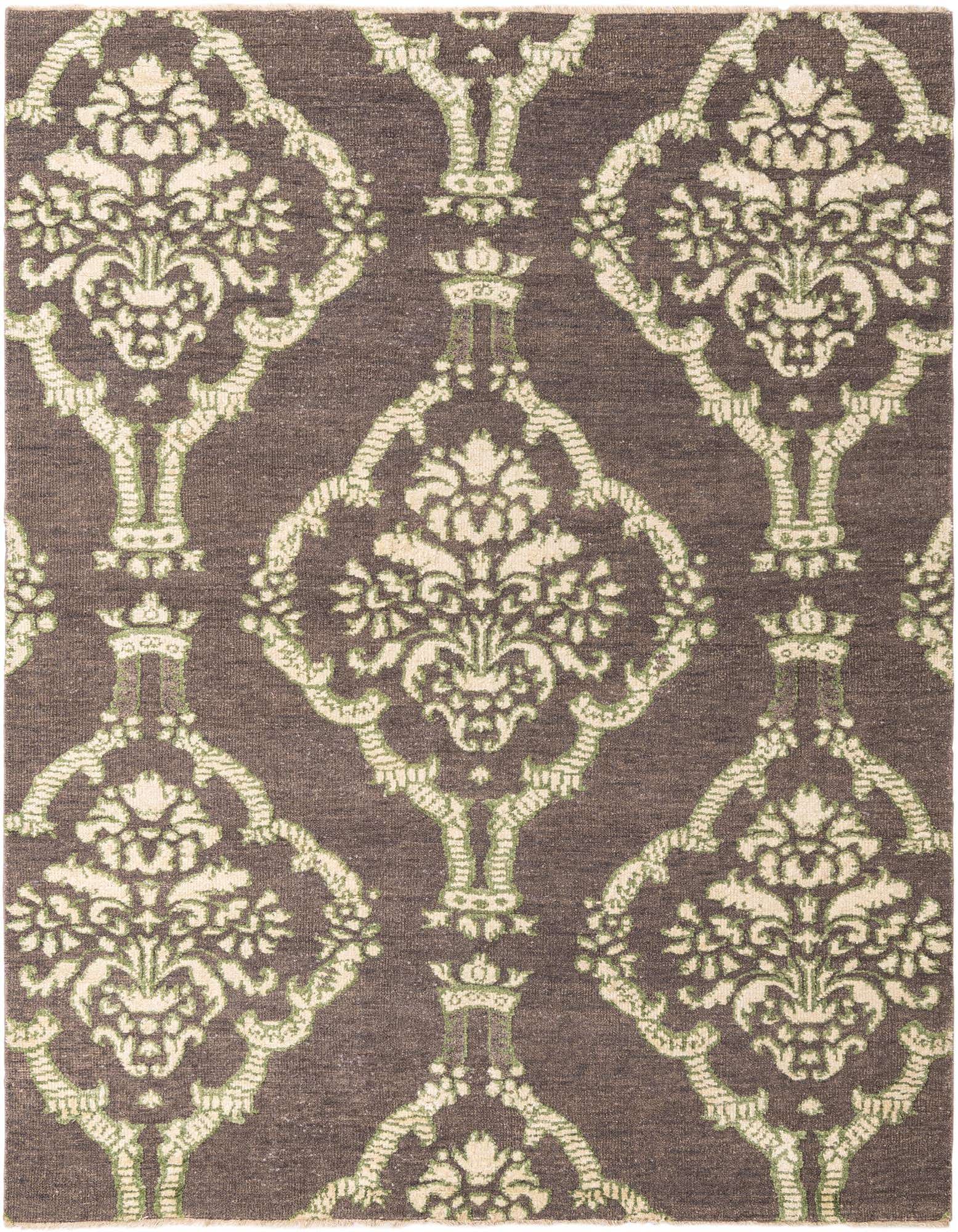 A rectangular 8x10 Luna Collection rug with a gray background and an intricate cream and green floral Oriental pattern.