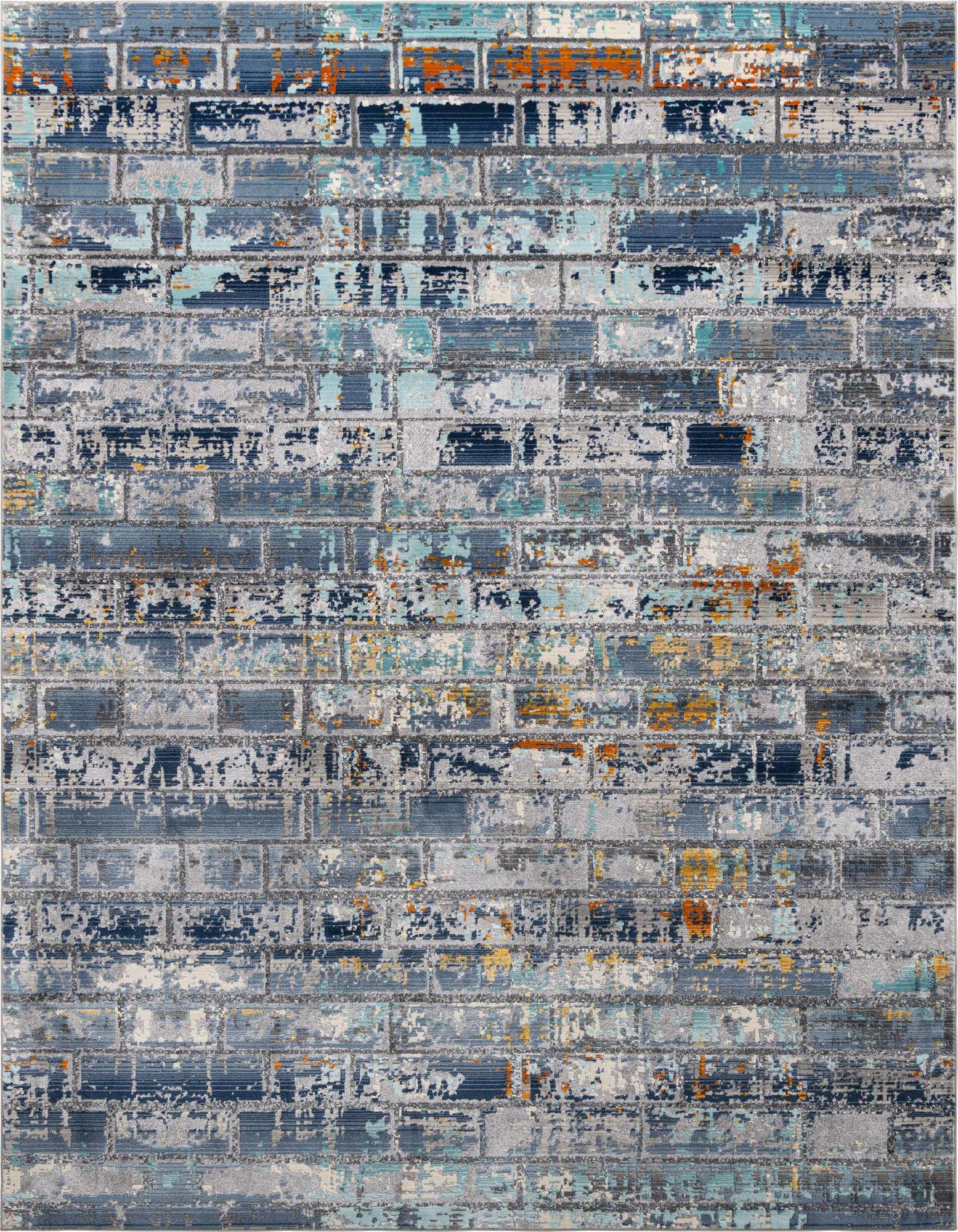 An 8x10 rectangular area rug featuring an urban brick wall pattern in shades of gray, silver, blue, and orange.