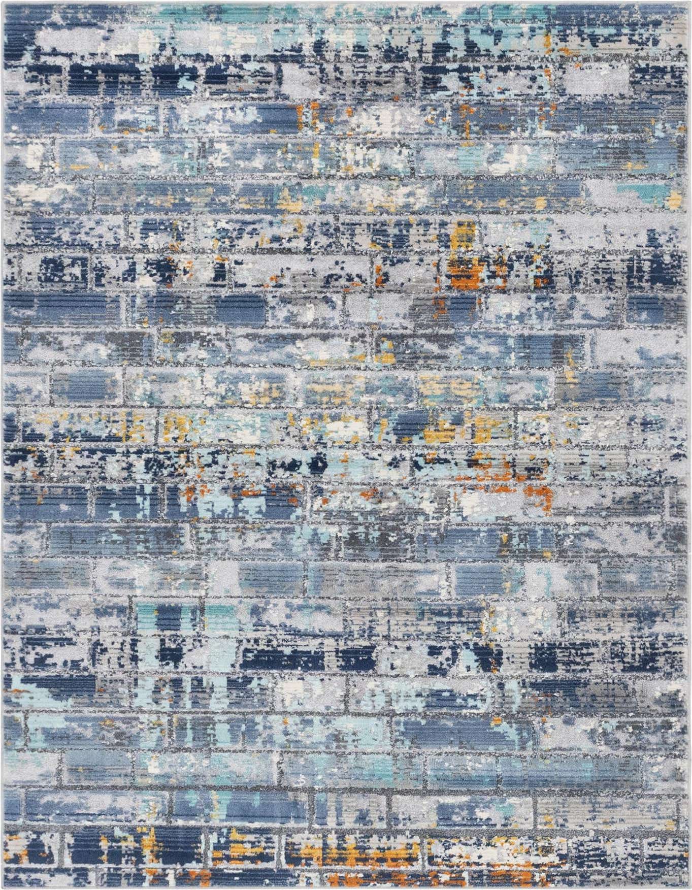 A 4x6 rectangular gray rug with an urban, distressed brick pattern in shades of blue, teal, and orange.