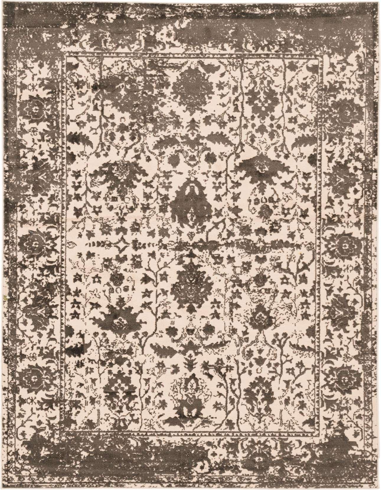A 5x8 rectangular Modern Classical rug featuring a distressed traditional pattern in gray and off-white, ideal for a living room.