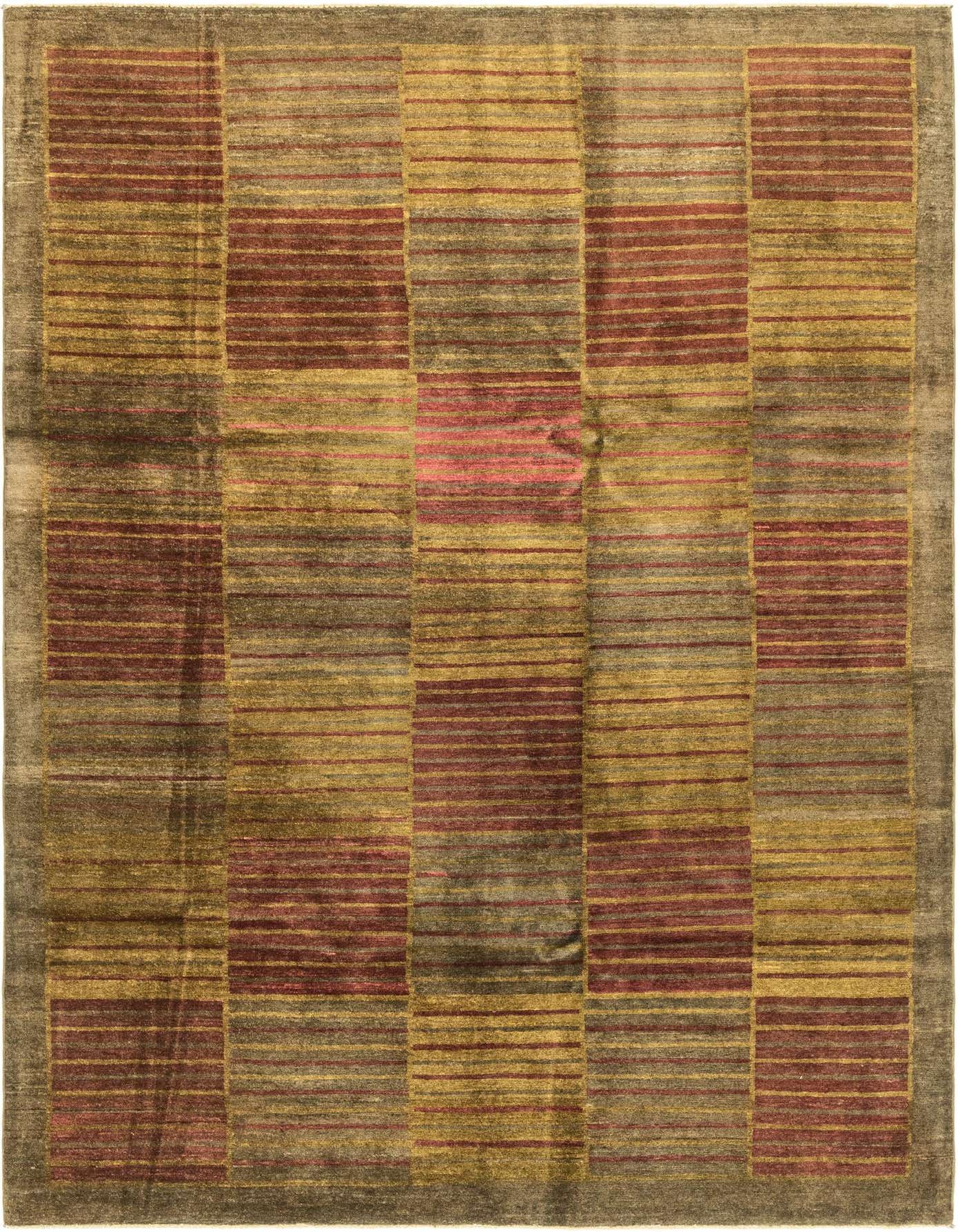 A 7x10 rectangular Modern Ziegler rug featuring a block pattern of horizontal stripes in varying shades of gray, silver, and muted red.