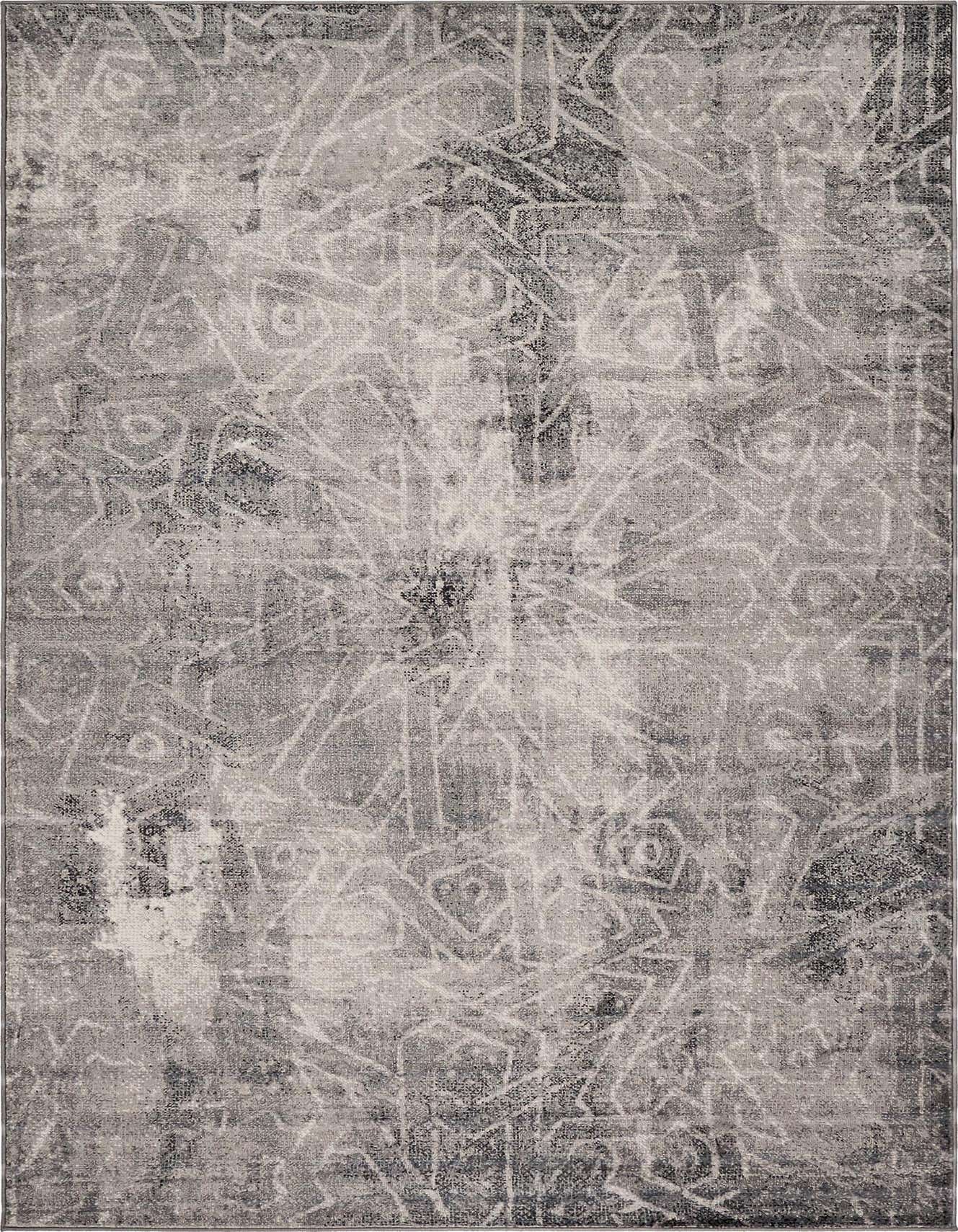 A 5x8 rectangular Monte Carlo rug in varying shades of gray with an abstract, distressed bohemian pattern.