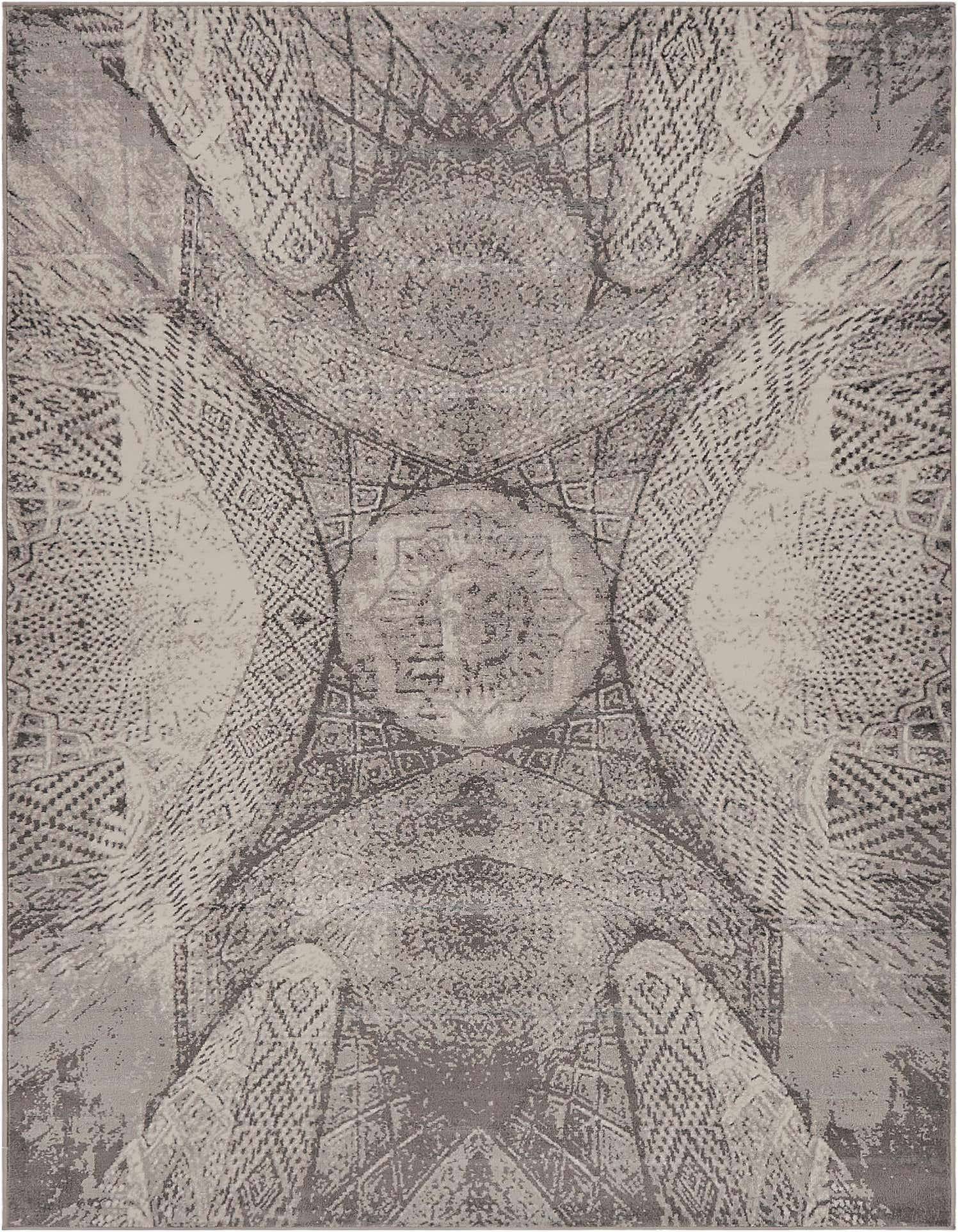 8x11 rectangular Monte Carlo rug featuring a distressed medallion and bohemian pattern in various shades of gray and silver.