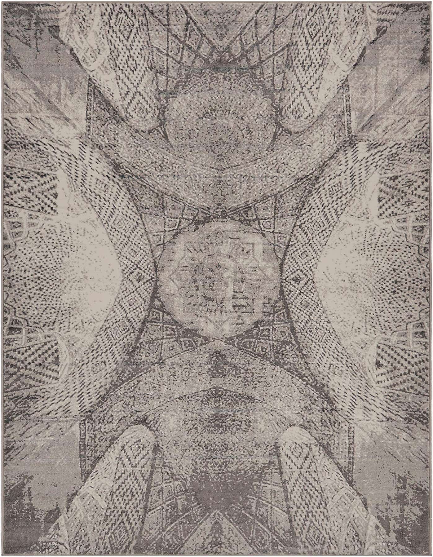 A 6x9 rectangular gray area rug with an intricate medallion and geometric pattern, blending bohemian and traditional styles.