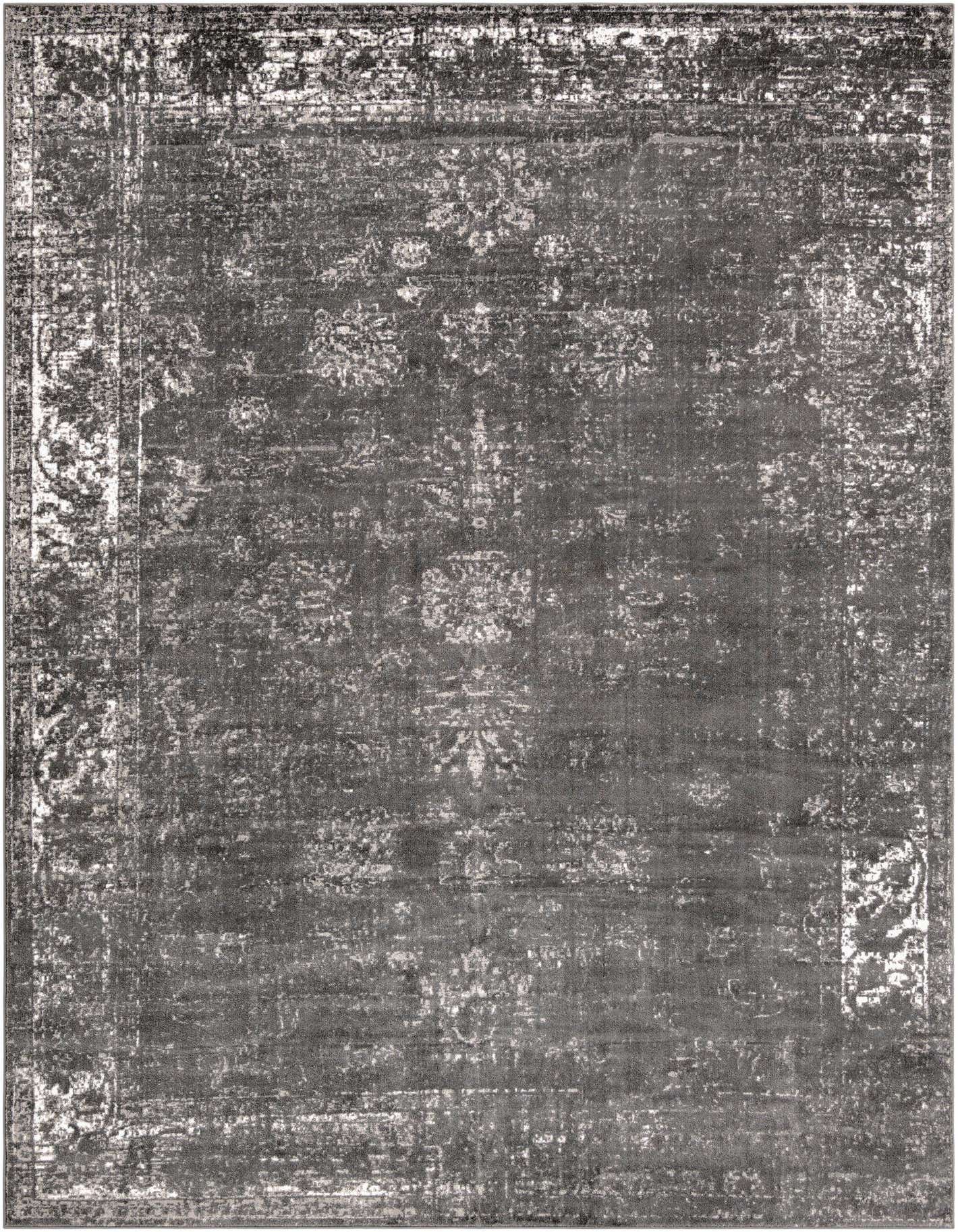 A 10x14 rectangular gray and silver transitional rug with a distressed medallion pattern and border.