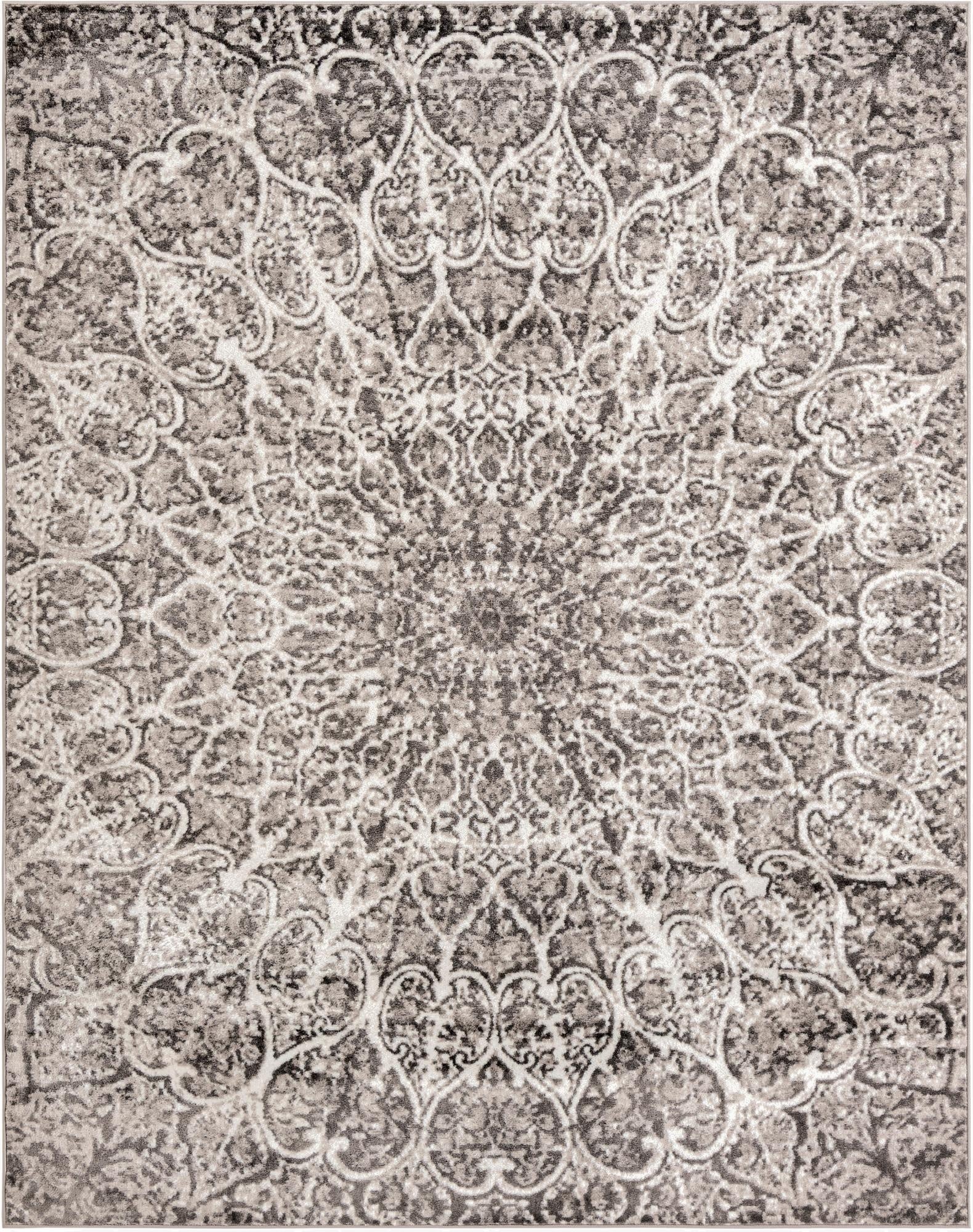 An 8x10 rectangular gray area rug featuring a distressed medallion pattern with intricate bohemian and traditional motifs.