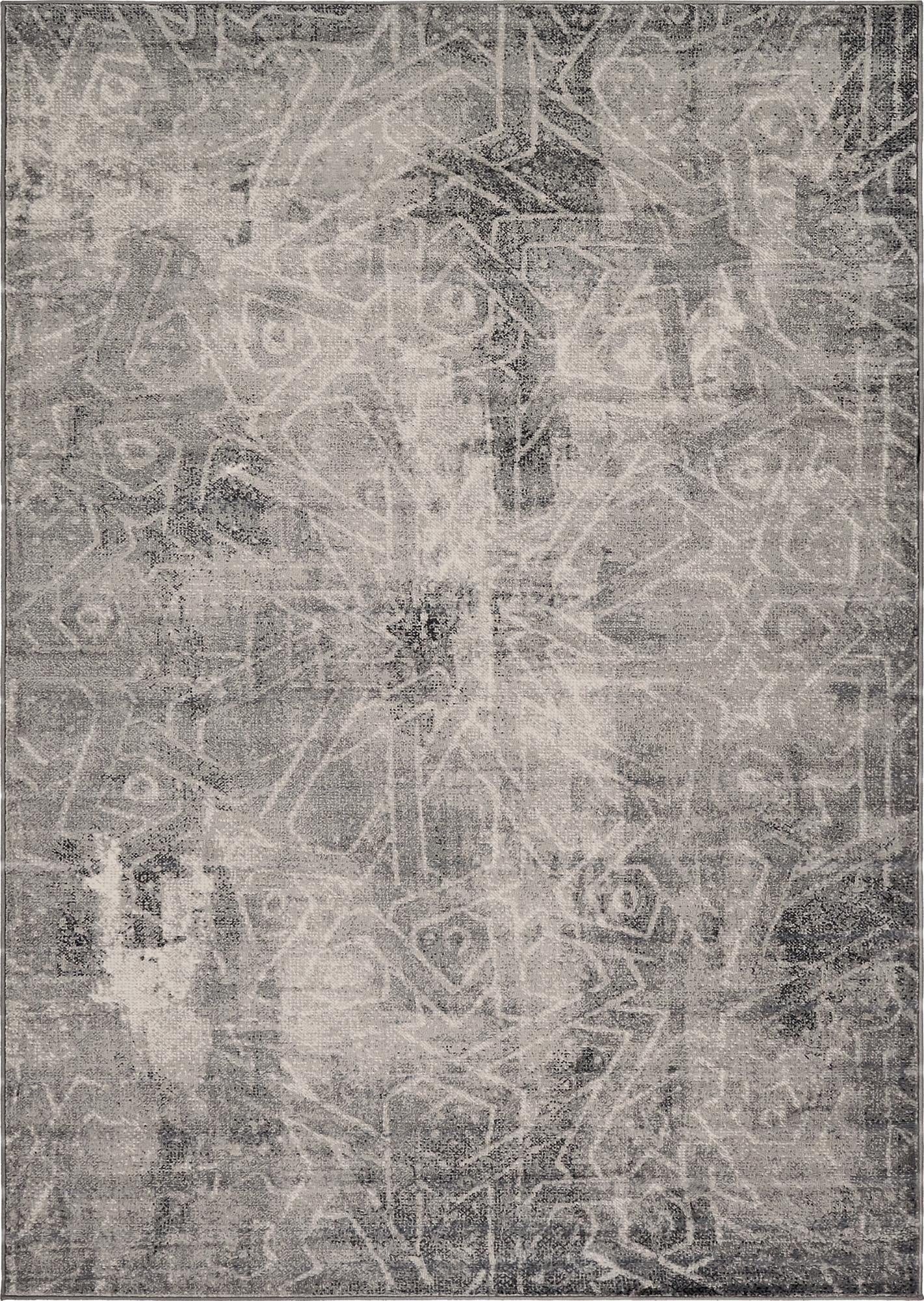 A 7x10 rectangular gray area rug with a distressed abstract Bohemian pattern, ideal for a living room.