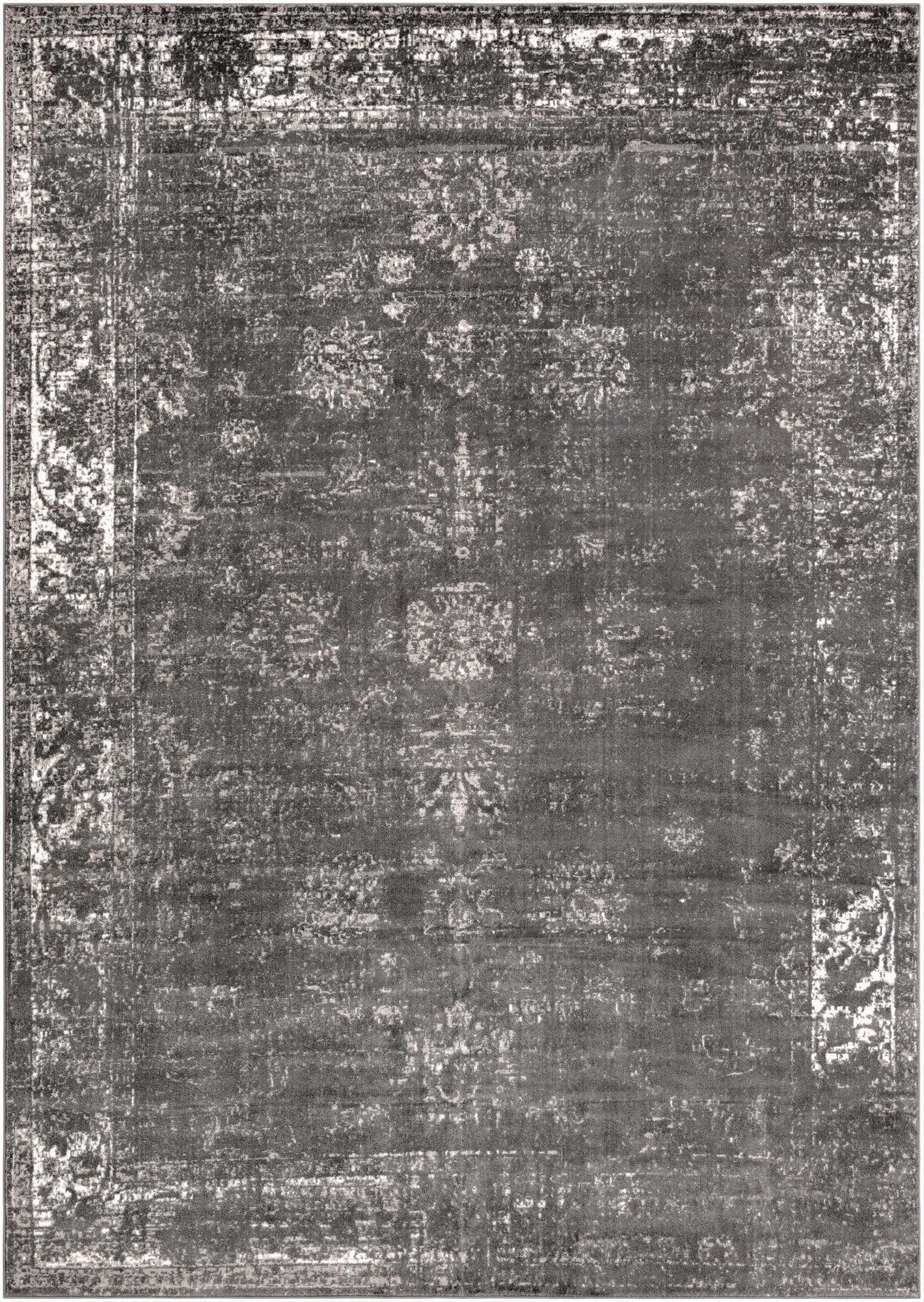 A 10x14 rectangular gray and silver transitional rug with a distressed medallion pattern and border.