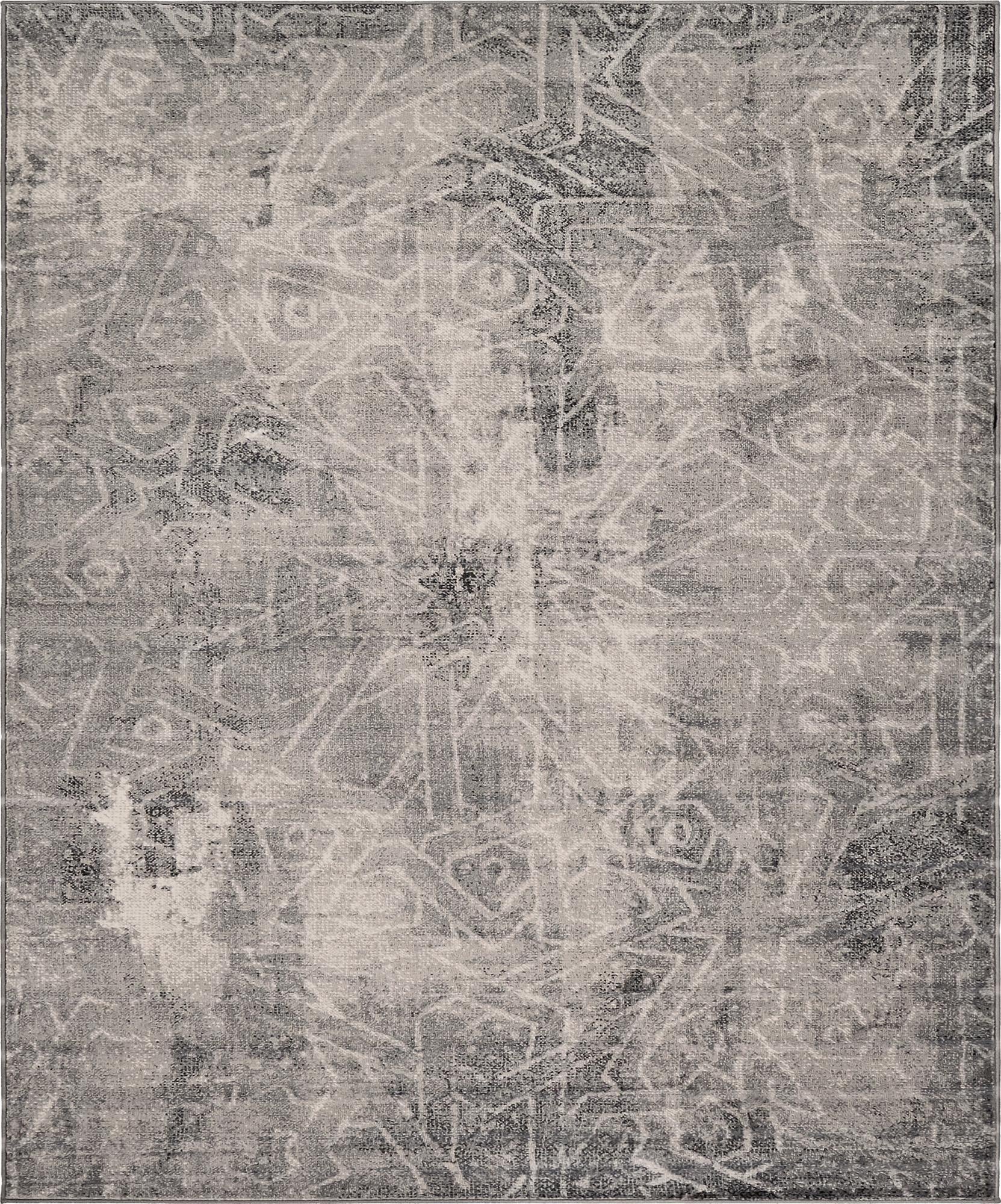 An 8x10 rectangular gray area rug featuring an abstract, distressed bohemian pattern with light and dark tones.