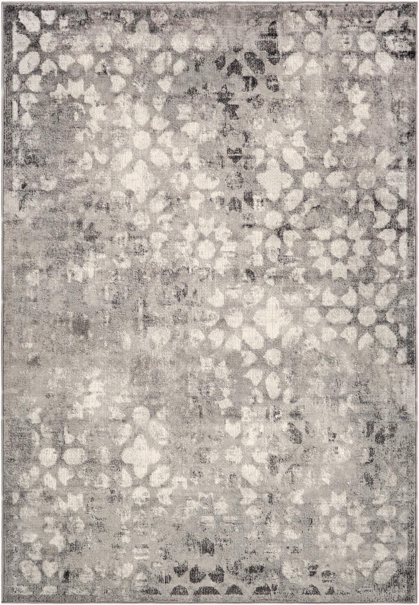 A 6x9 rectangular gray area rug with a distressed bohemian floral pattern, suitable for a living room.