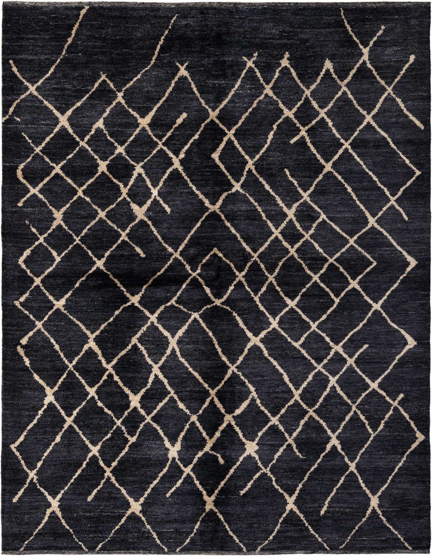 A 5x8 rectangular gray wool rug featuring an irregular off-white tribal diamond pattern, ideal for a living room.