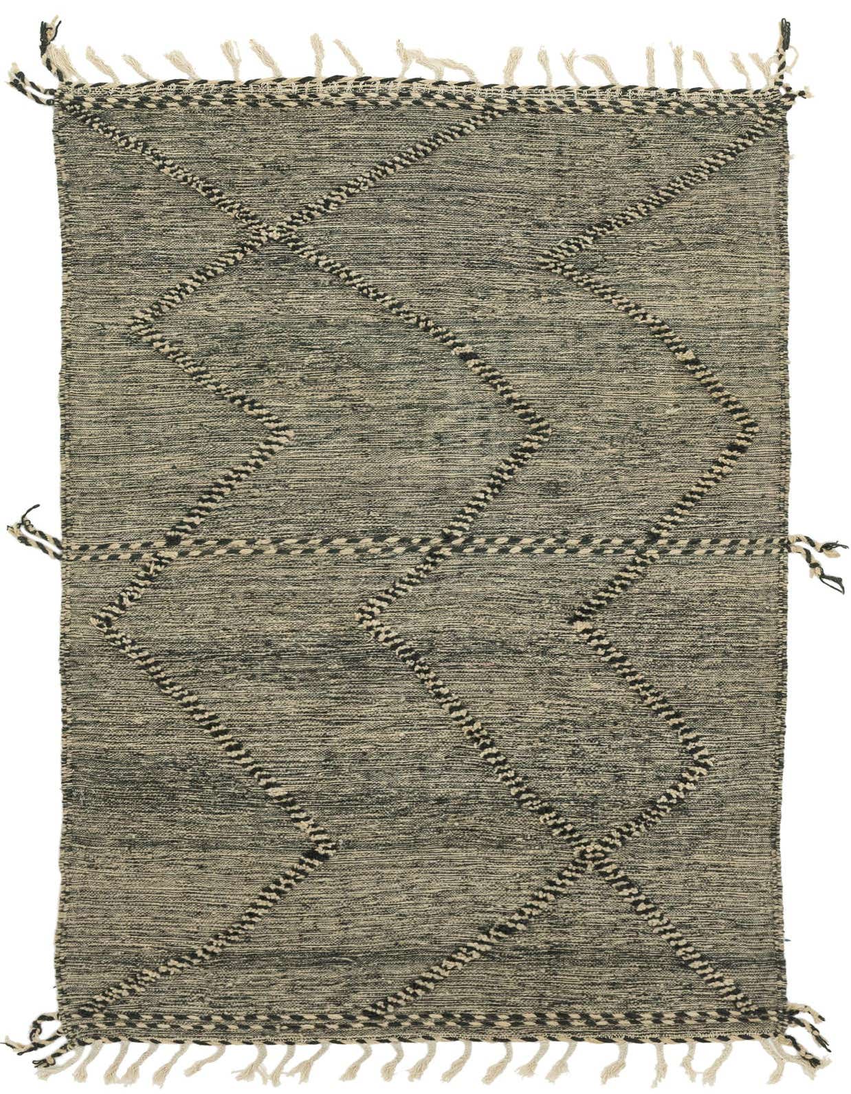 A 5x8 rectangular gray wool shag rug with a modern tribal zigzag pattern and decorative fringe.