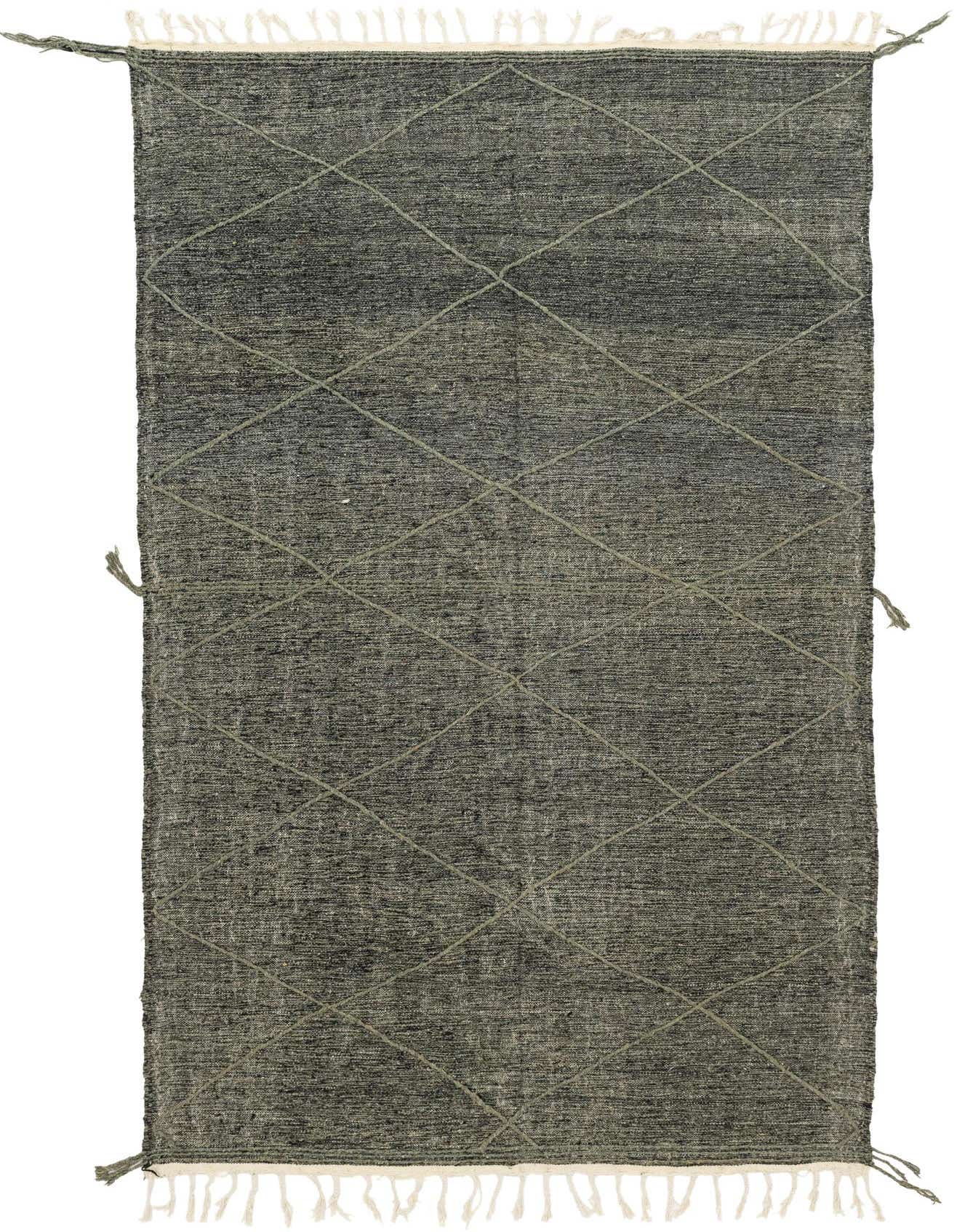 A rectangular 8x11 gray wool shag rug with a subtle tribal diamond pattern and white fringe, suitable for a living room.