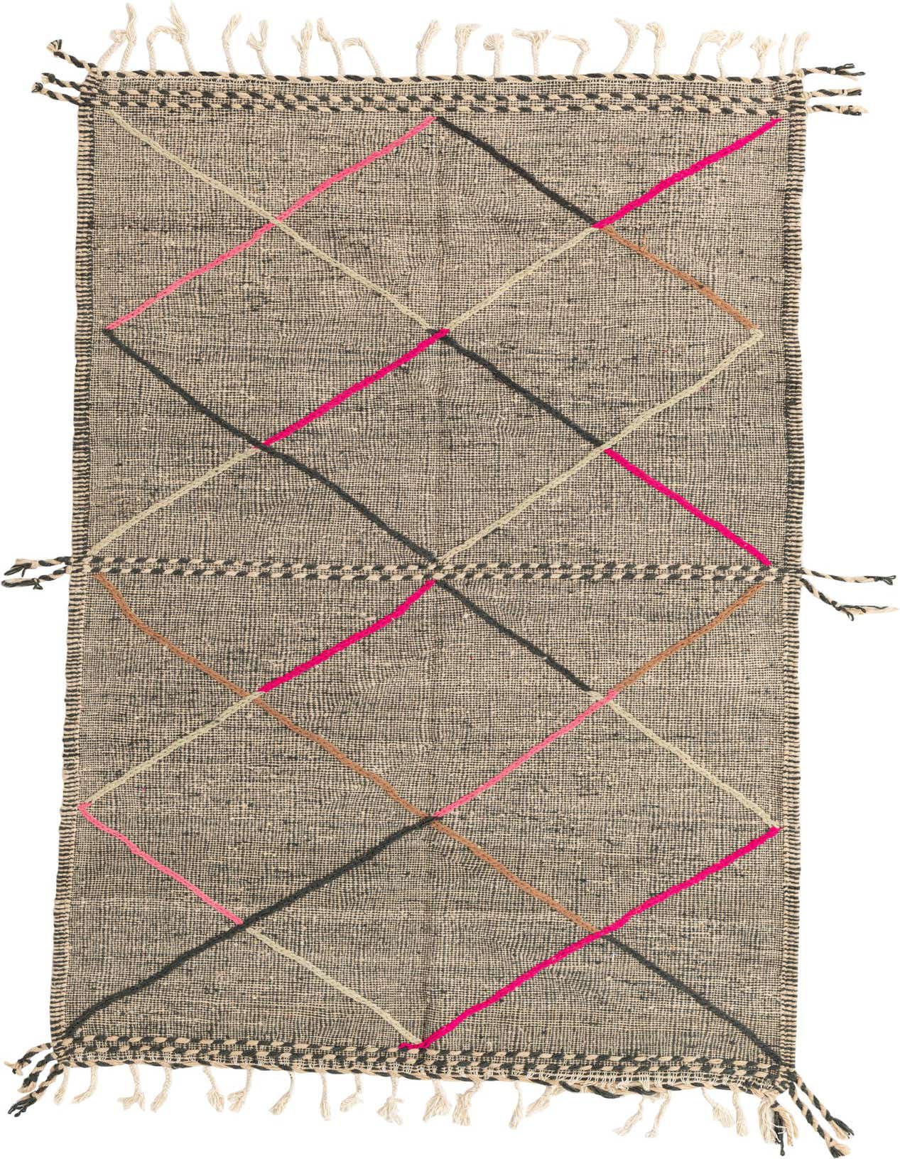 A 5x8 rectangular gray wool shag rug with a modern tribal pattern of intersecting pink, black, and beige lines, featuring decorative tassels.