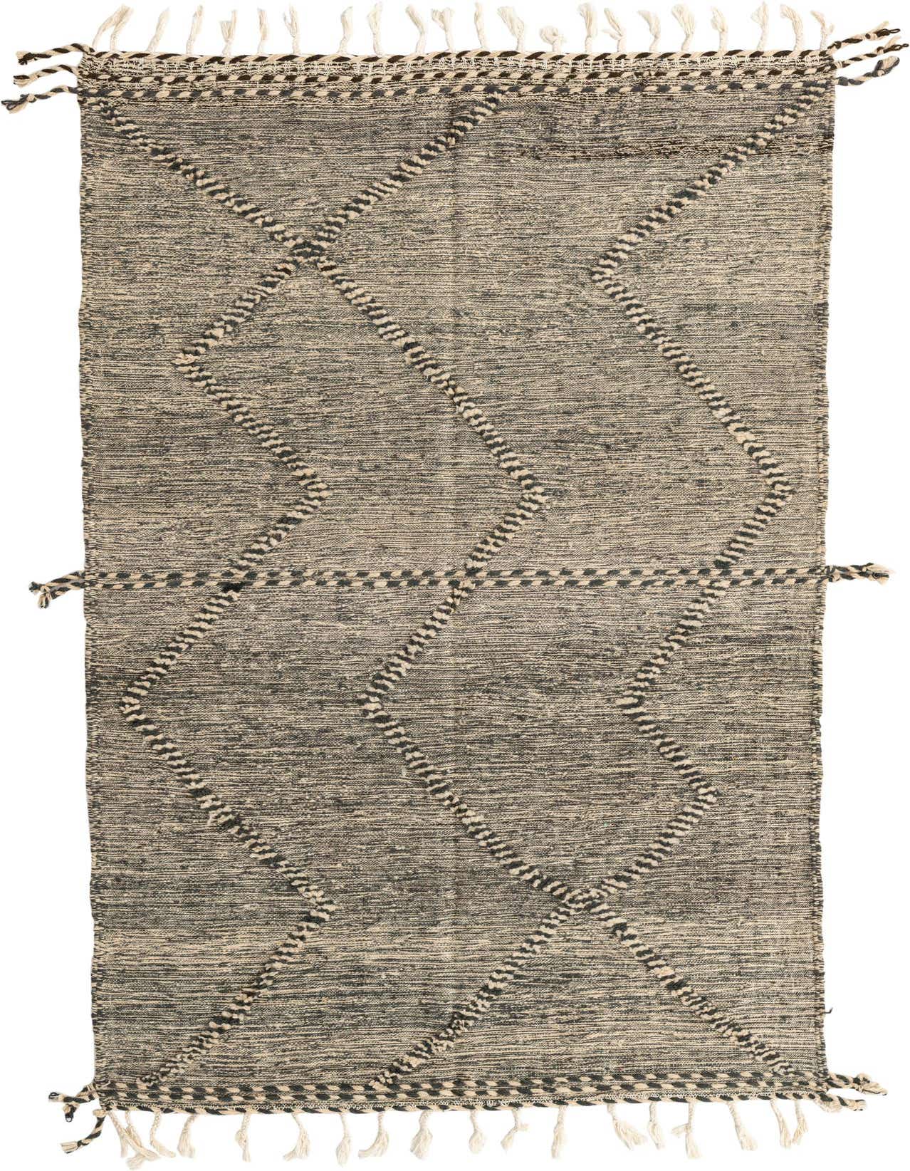 A 5x8 rectangular gray wool shag rug with a modern tribal diamond pattern and white tassels.