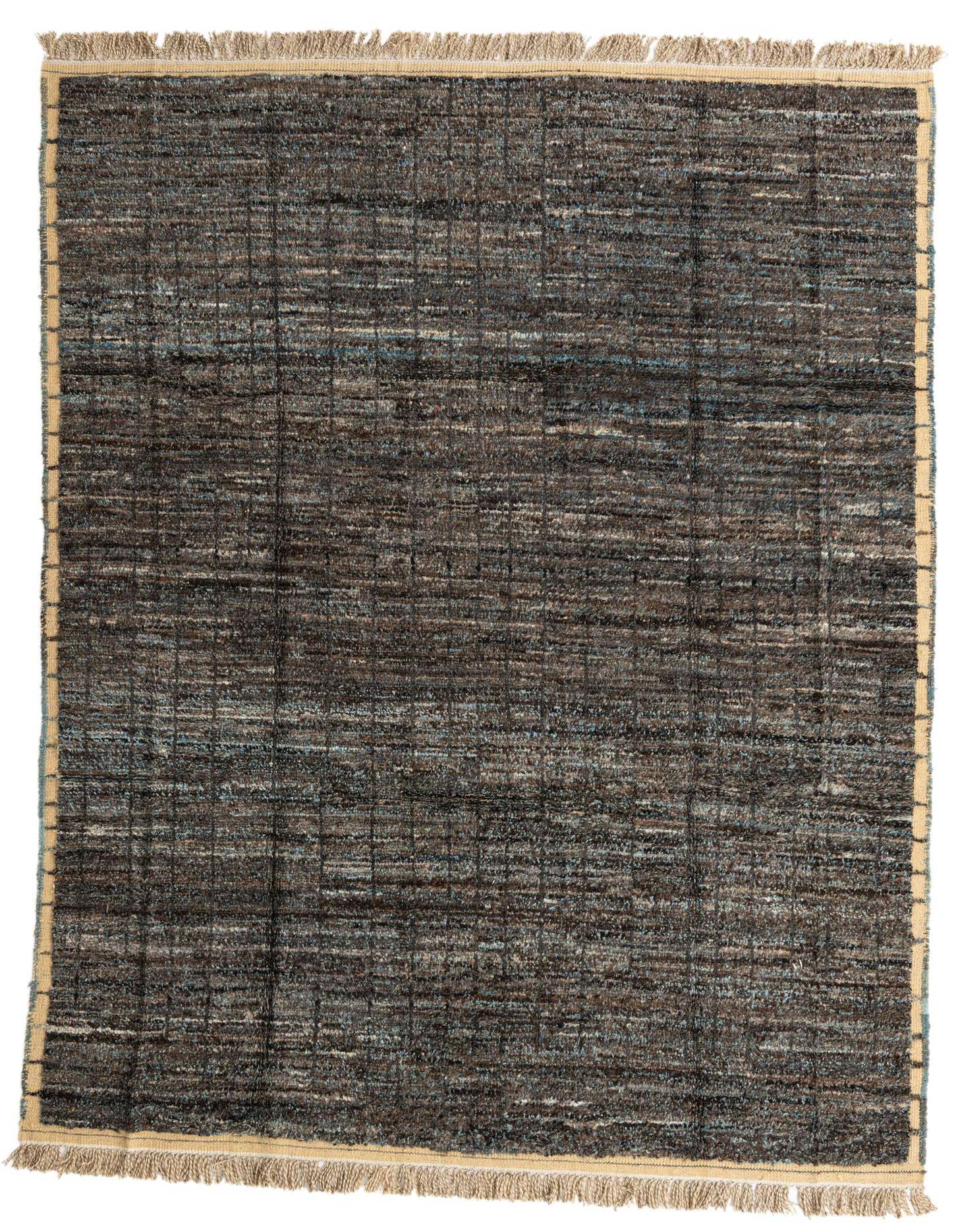 A rectangular 8x11 gray Moroccan shag rug with subtle blue and silver abstract patterns and fringed edges, suitable for a living room.