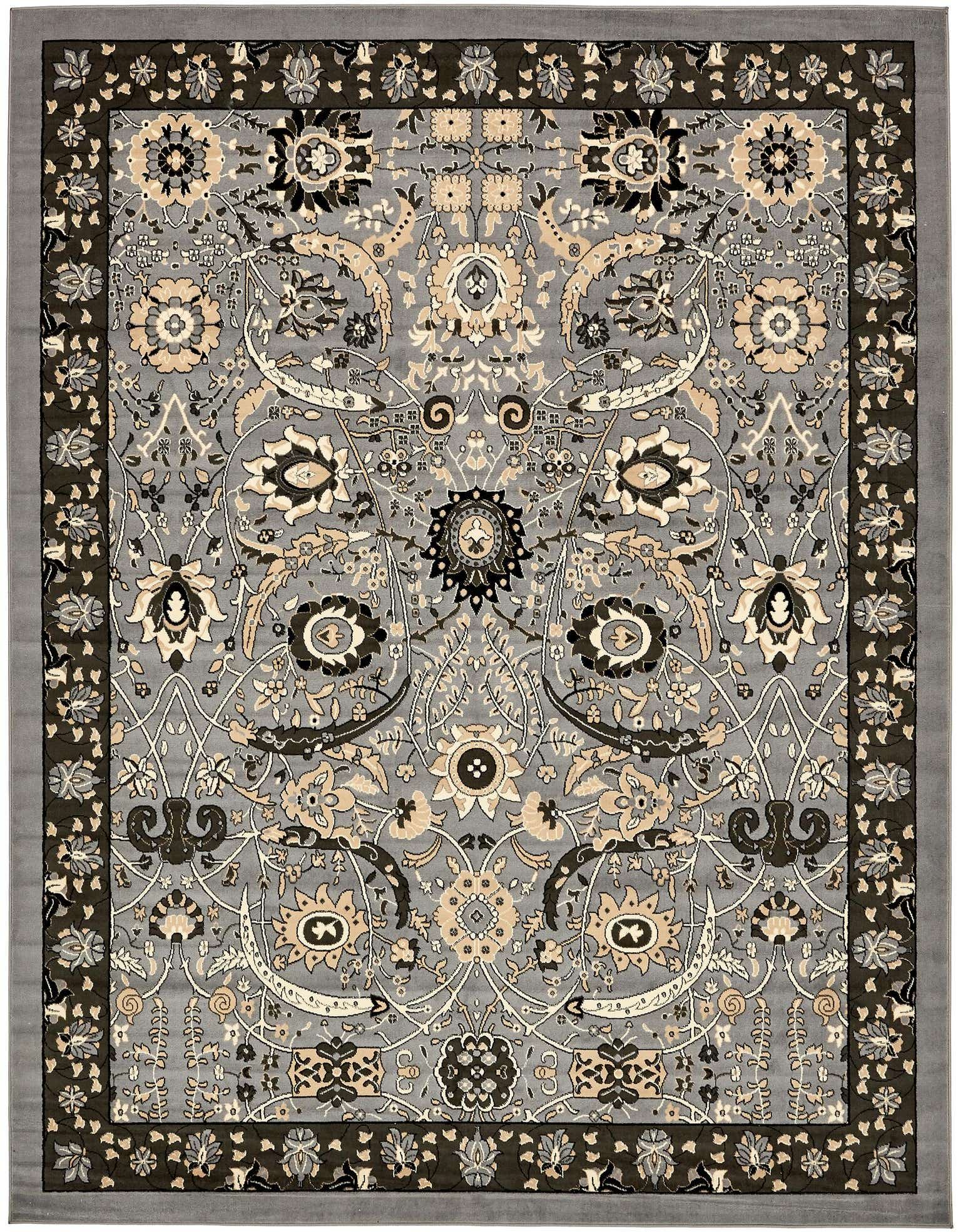 A 10x13 rectangular Neda rug featuring a traditional botanical pattern in shades of gray, silver, and beige.