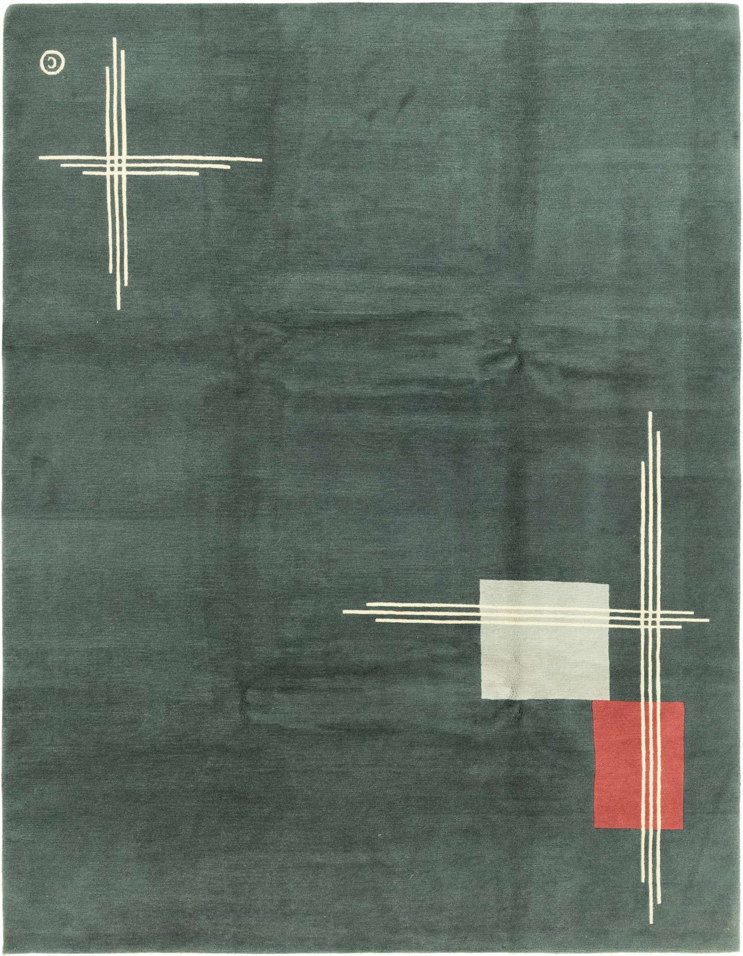 A rectangular 8x12 gray wool rug with a modern abstract design featuring white lines and blocks of light gray and red.