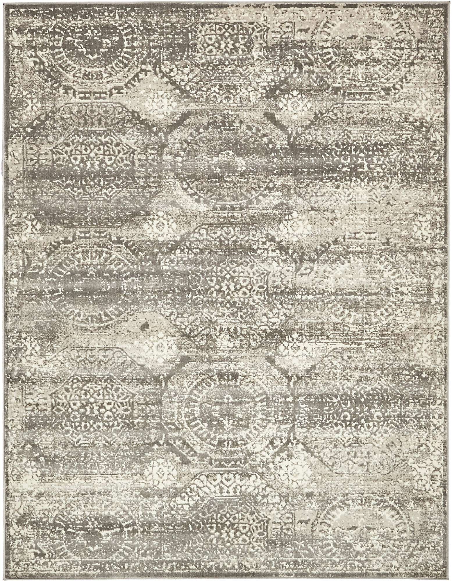A 5x8 rectangular area rug featuring a distressed transitional pattern in shades of gray and silver.