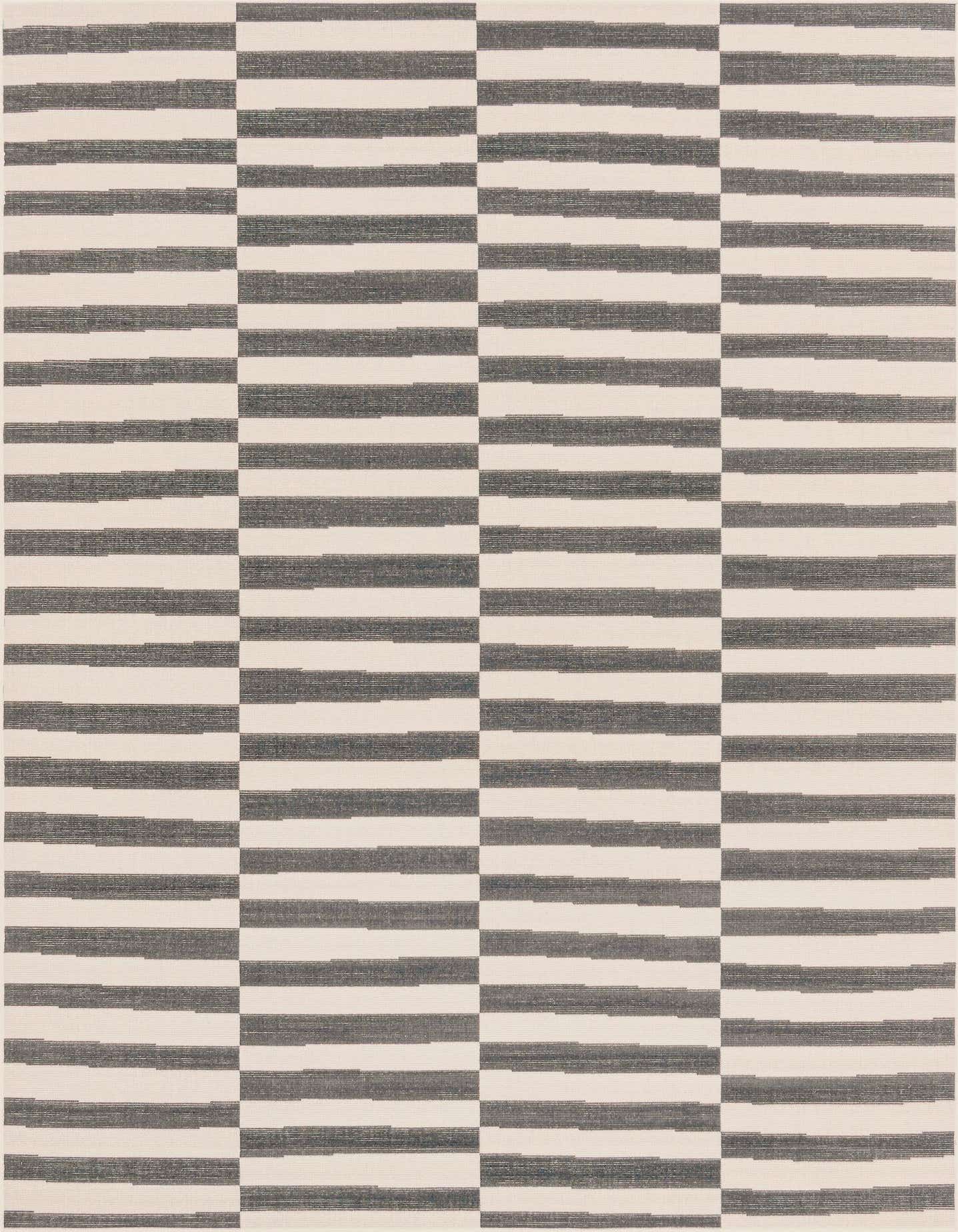 A 7x10 rectangular rug featuring a modern striped pattern in shades of gray and off-white, suitable for a living room.
