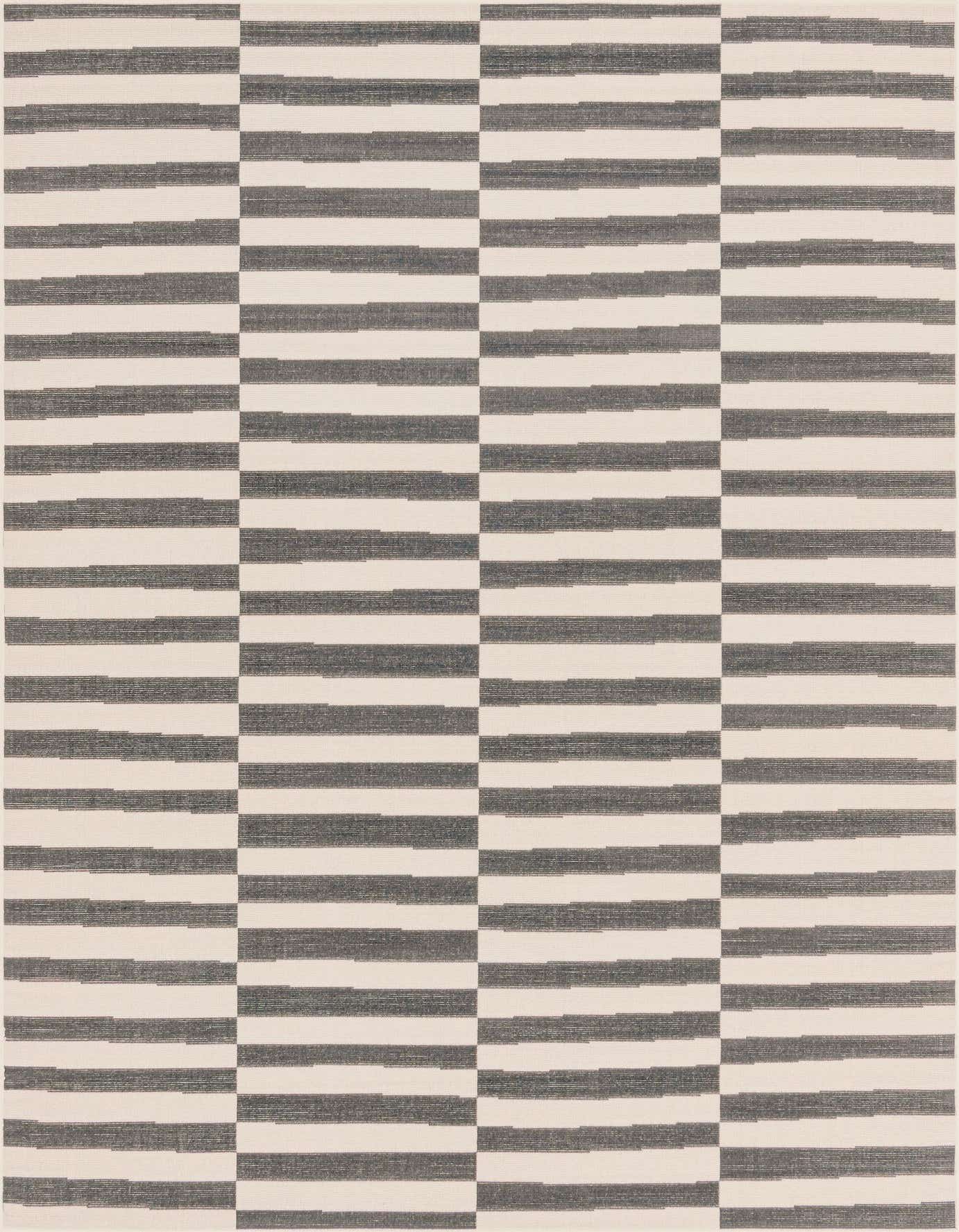 A 4x6 rectangular gray and off-white striped rug with a modern, coastal pattern, suitable for a living room.