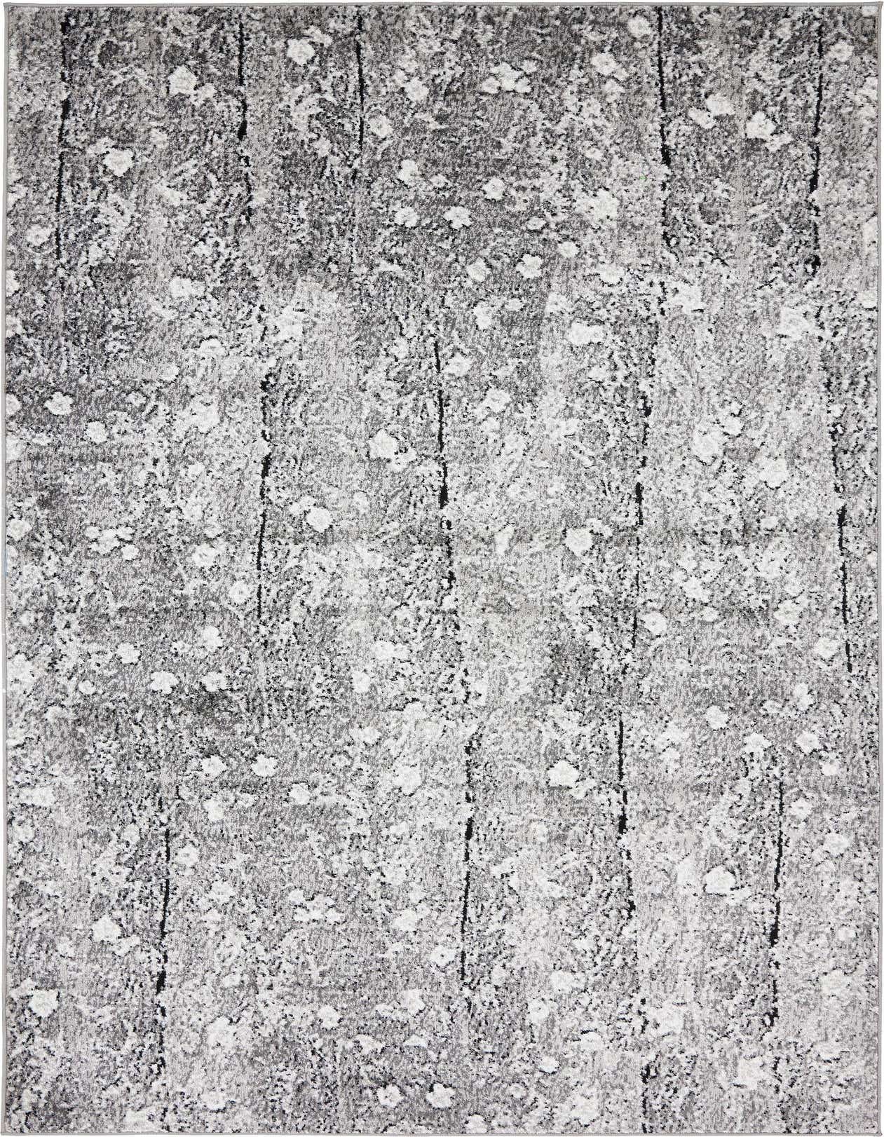 A 5x8 rectangular gray area rug with a distressed vintage floral and botanical pattern, featuring lighter gray and silver accents.