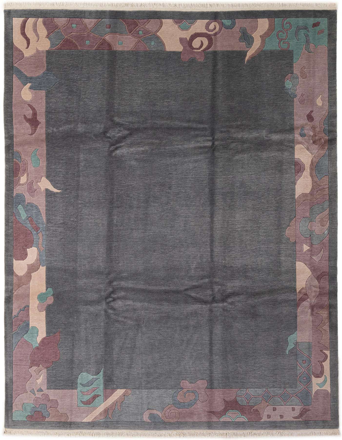 An 8x11 rectangular gray wool rug with a wide, colorful oriental border in shades of purple, teal, and beige.