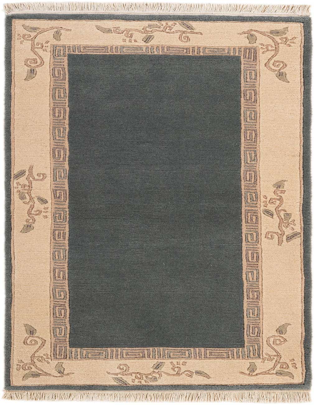 A 3x4 rectangular Tibet collection rug featuring a gray field and a beige border with abstract oriental patterns.