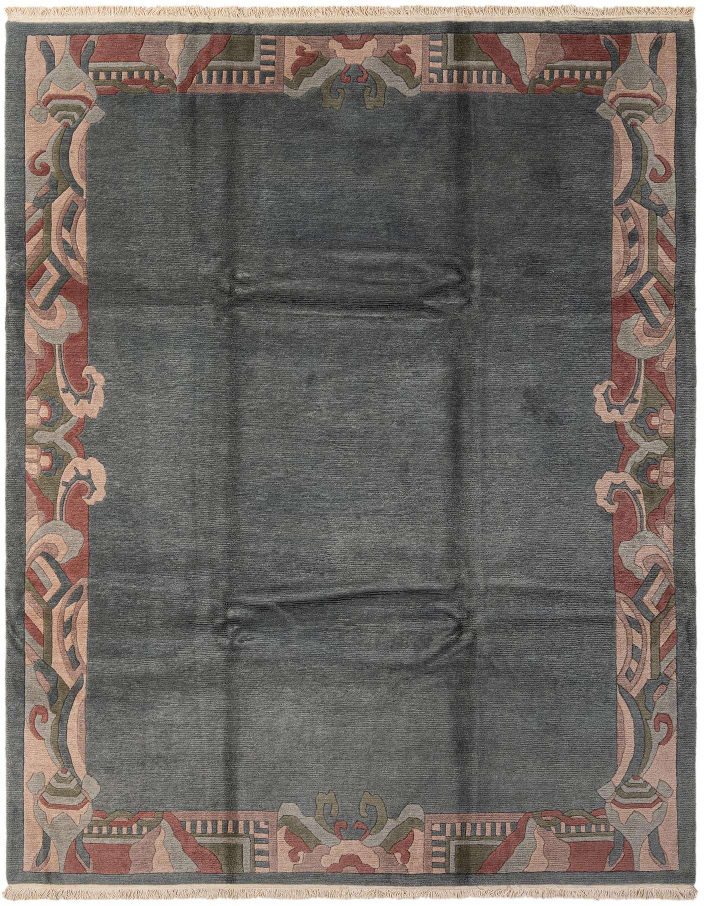 A rectangular 8x11 gray wool area rug with an elaborate modern oriental border in muted reds, pinks, and greens.
