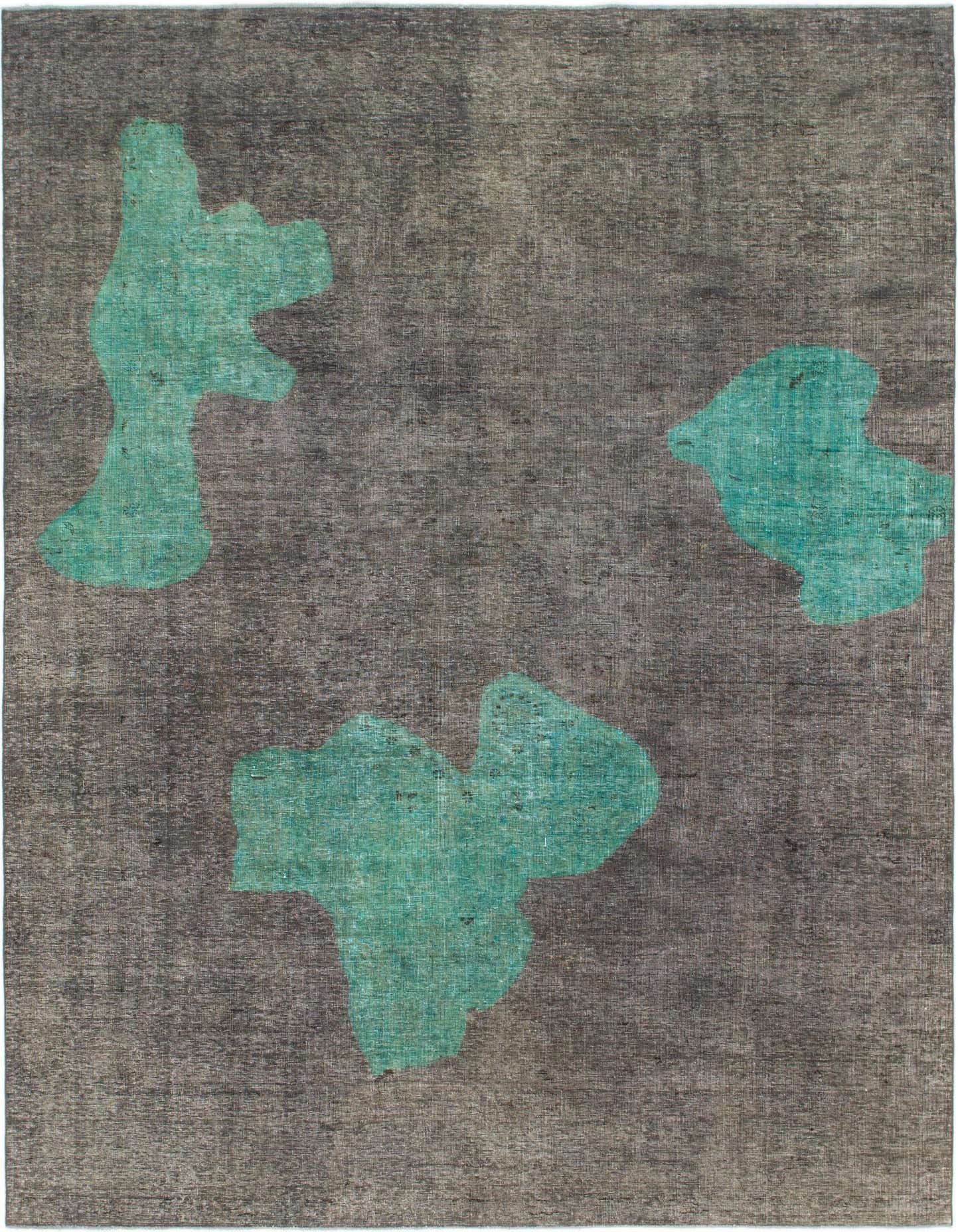An 8x11 rectangular gray wool rug with three abstract teal green shapes, perfect for a modern living room.